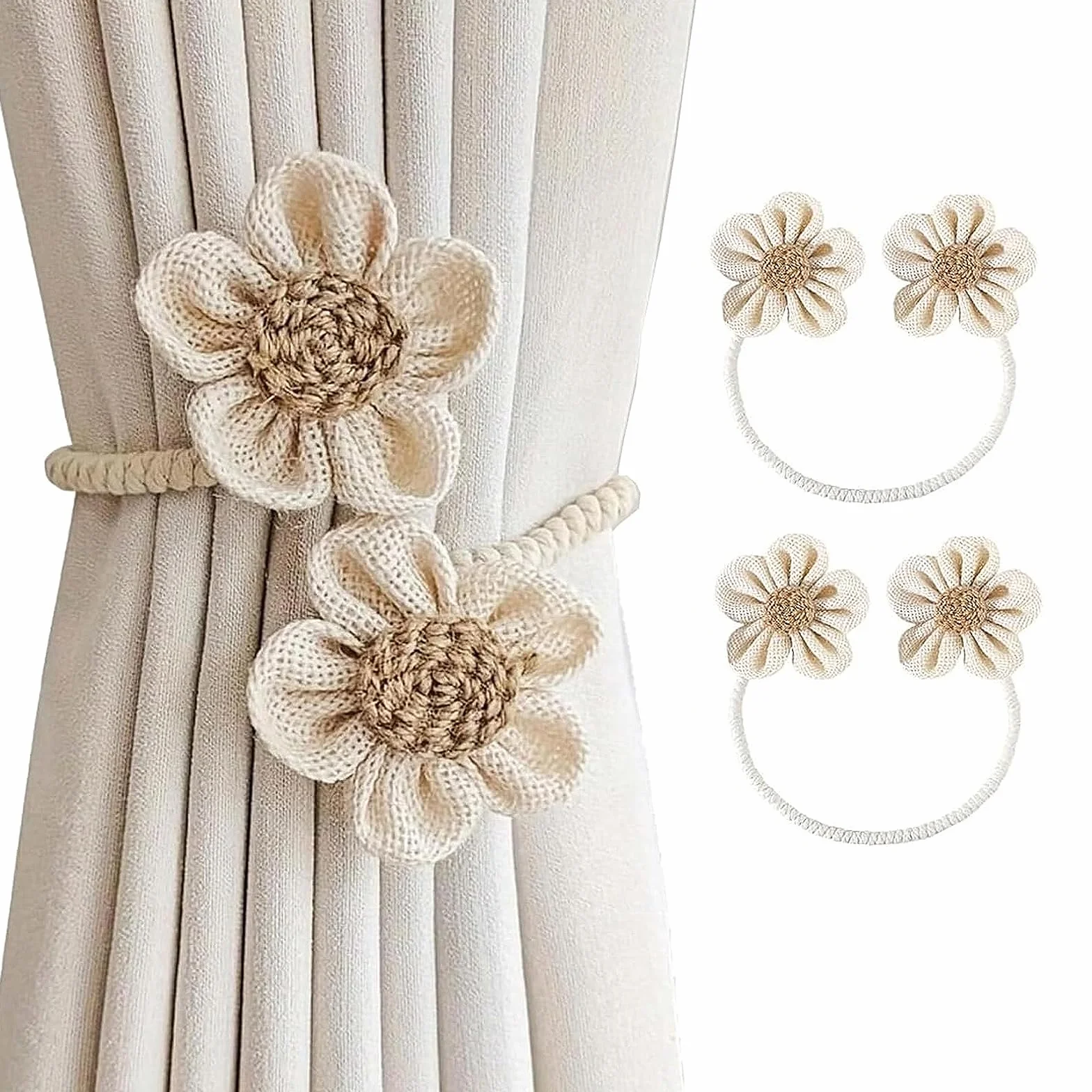 Embrasses de Rideaux Fabriqués à la Main Fleurs Bohème Beige No Drill pour Décoration Maison Bureau