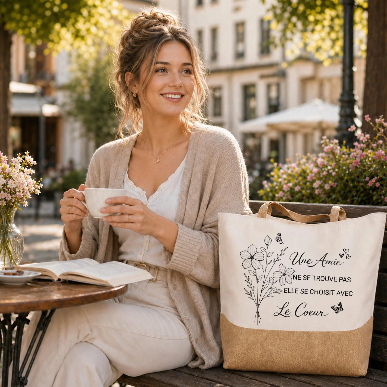 Cadeau Meilleure Amie Tote Bag Sac en Toile Jute Cabas avec Porte-Clés et Bracelet