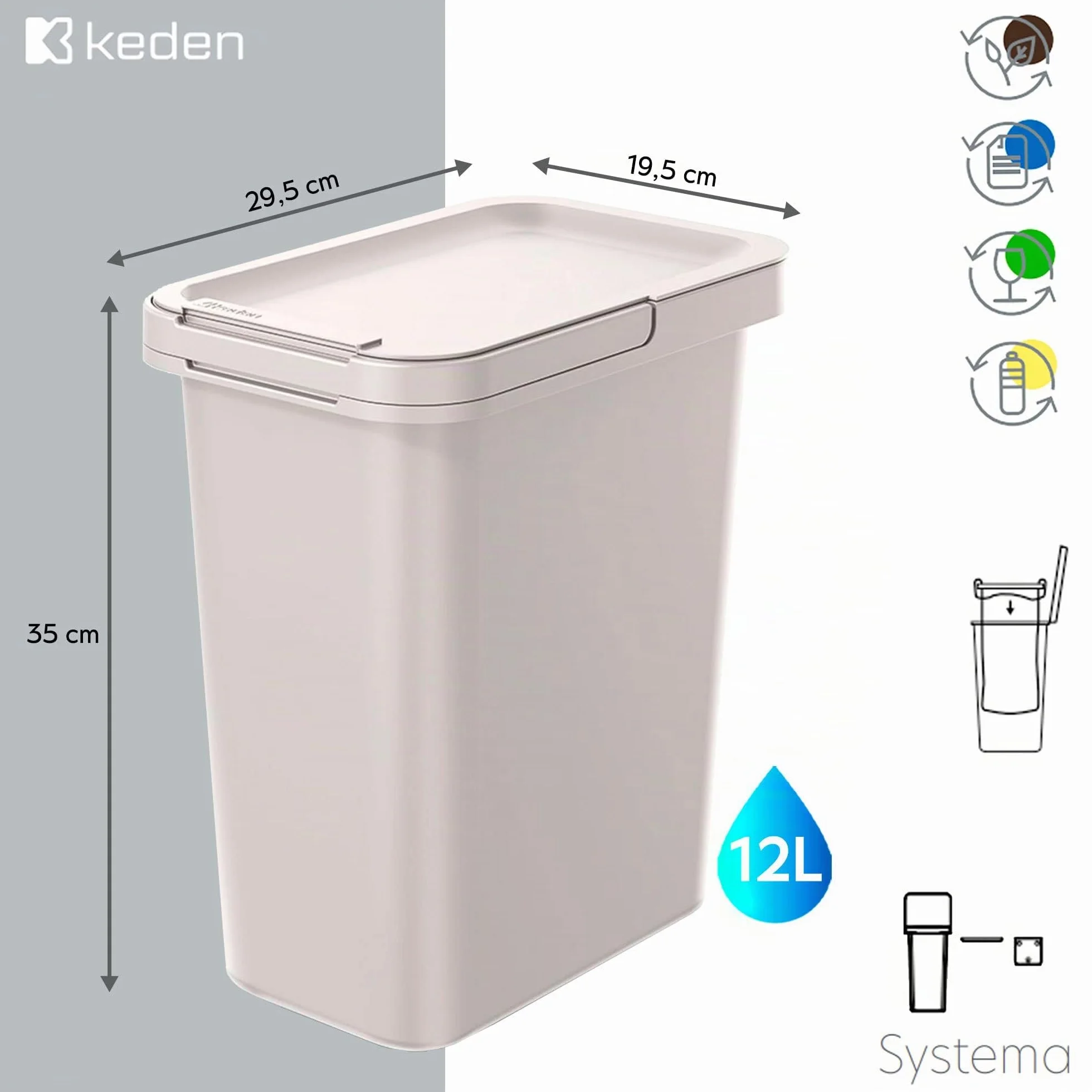 KEDEN Seau de recyclage carré 12L Systema 29x19x35 cm