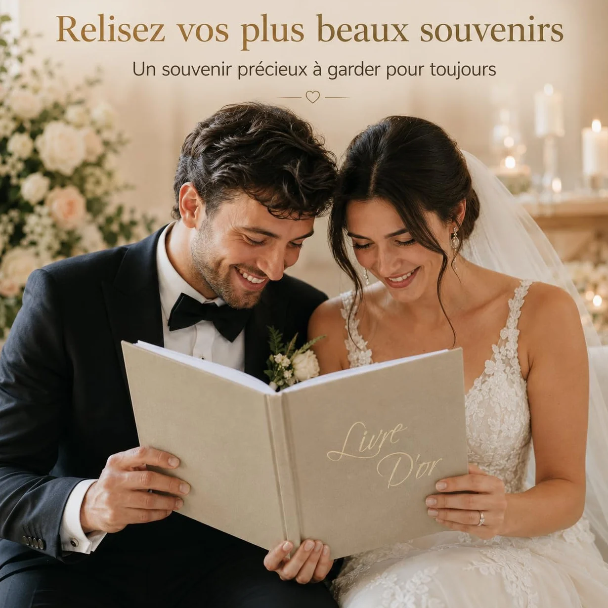 Livre d'Or Lin Beige 21x21 cm 100 Pages Blanches Stylo et Affiche Mariage Anniversaire Baptême