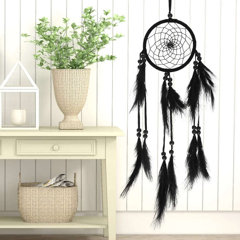 Attrape-Rêves Fait Main Noir avec Perles et Toile, Décoration Murale et Voiture