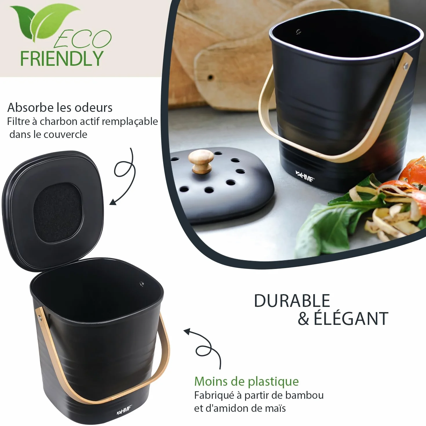 HMF Seau à Compost 3 L Noir Poubelle Bio Durable avec Couvercle