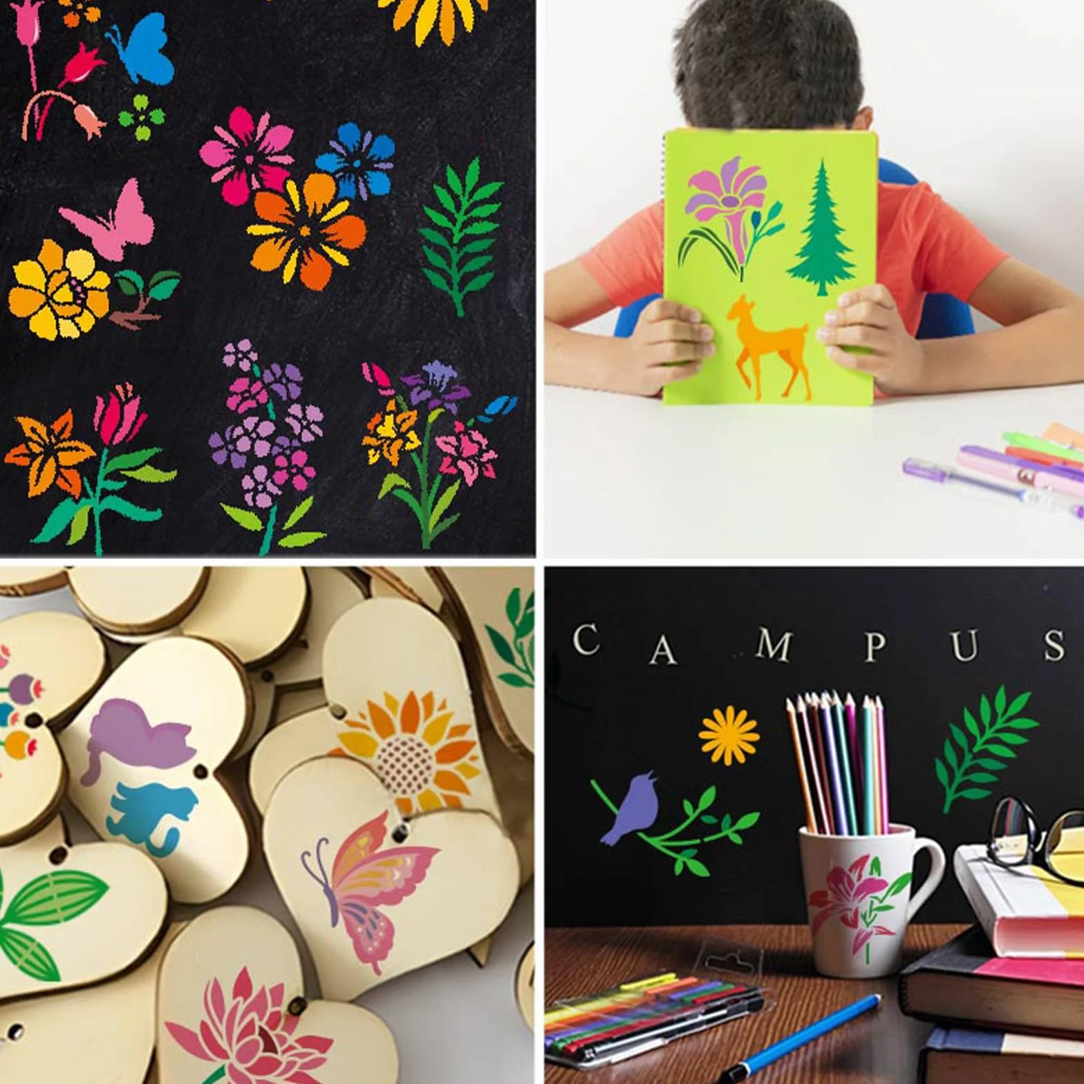 Lot de 64 pochoirs réutilisables 7,6 x 7,6 cm pour peinture plastique bricolage motifs fleurs feuilles