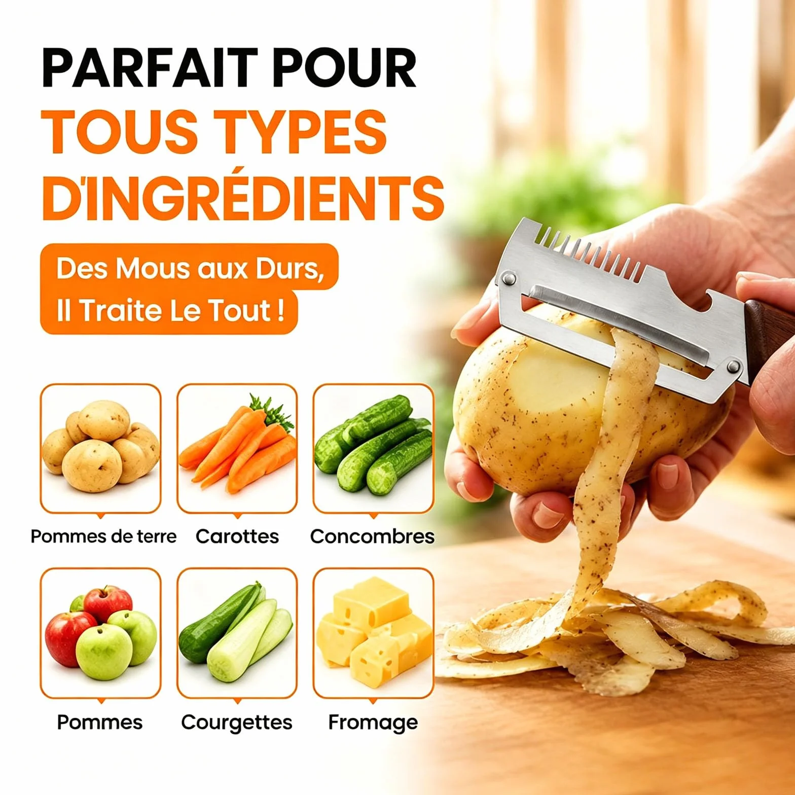 Éplucheur de légumes multifonction 5 en 1 avec lame en acier inoxydable, manche en bois, décapsuleur, écailleur à poisson et coupe-oignon