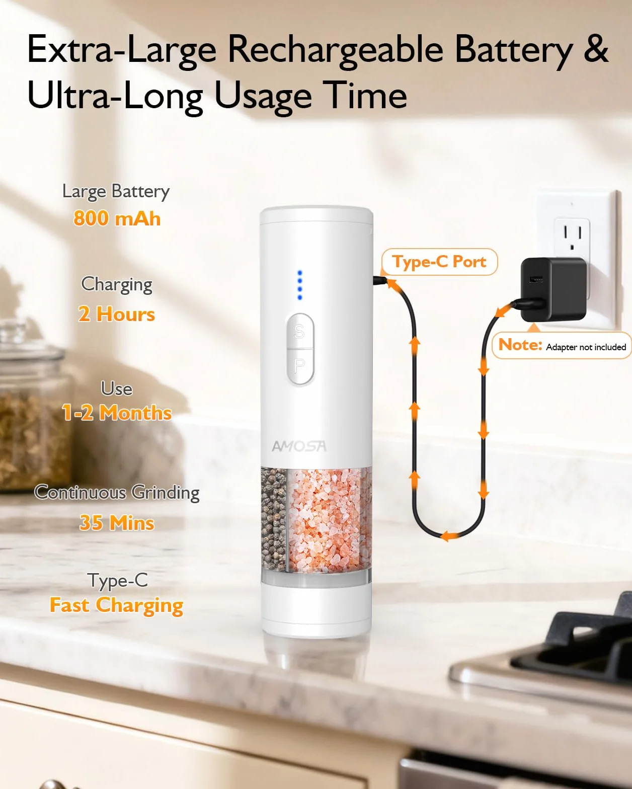 AMOSA Moulin à Poivre Électrique 2 en 1 Double Réservoir, Double Meule en Céramique USB Rechargeable avec Lumière LED Blanc