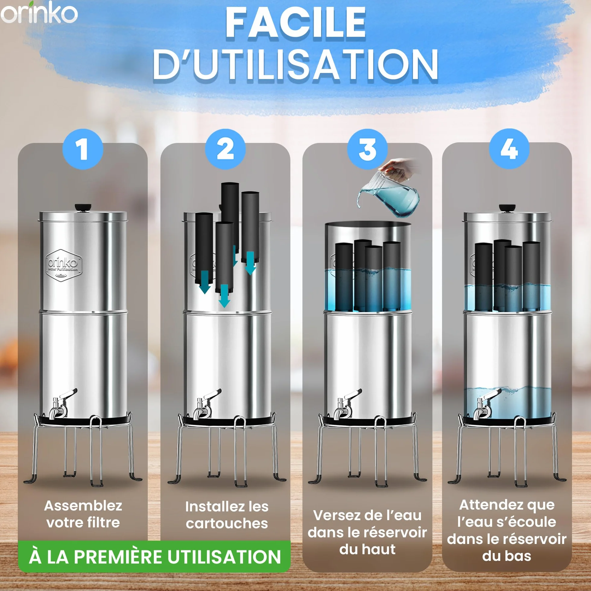 ORINKO Filtre à Eau par Gravité 8,5 L 4 Cartouches Charbon Actif Purificateur d'Eau Fontaine Filtrante