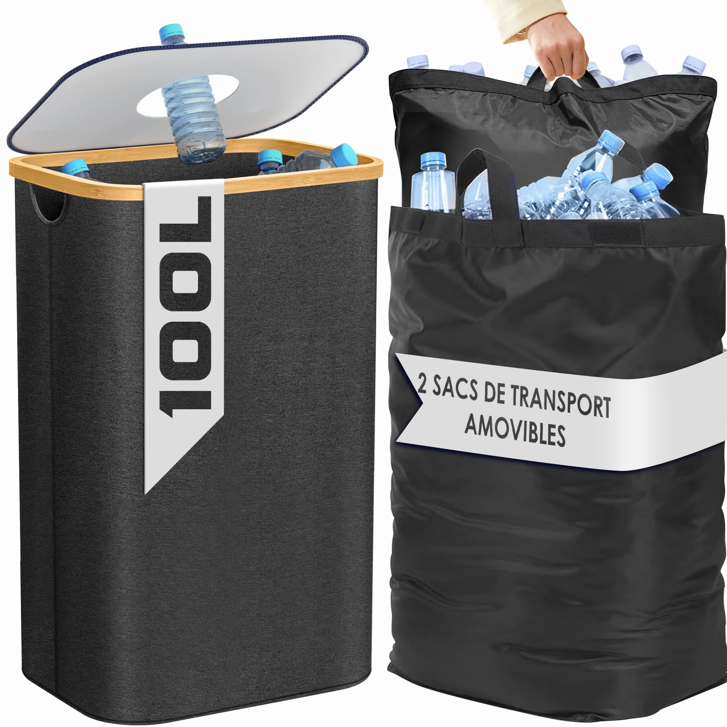 Poubelle Cuisine Tri Sélectif 100L Noir – Bac Recyclage Double Compartiment Bambou