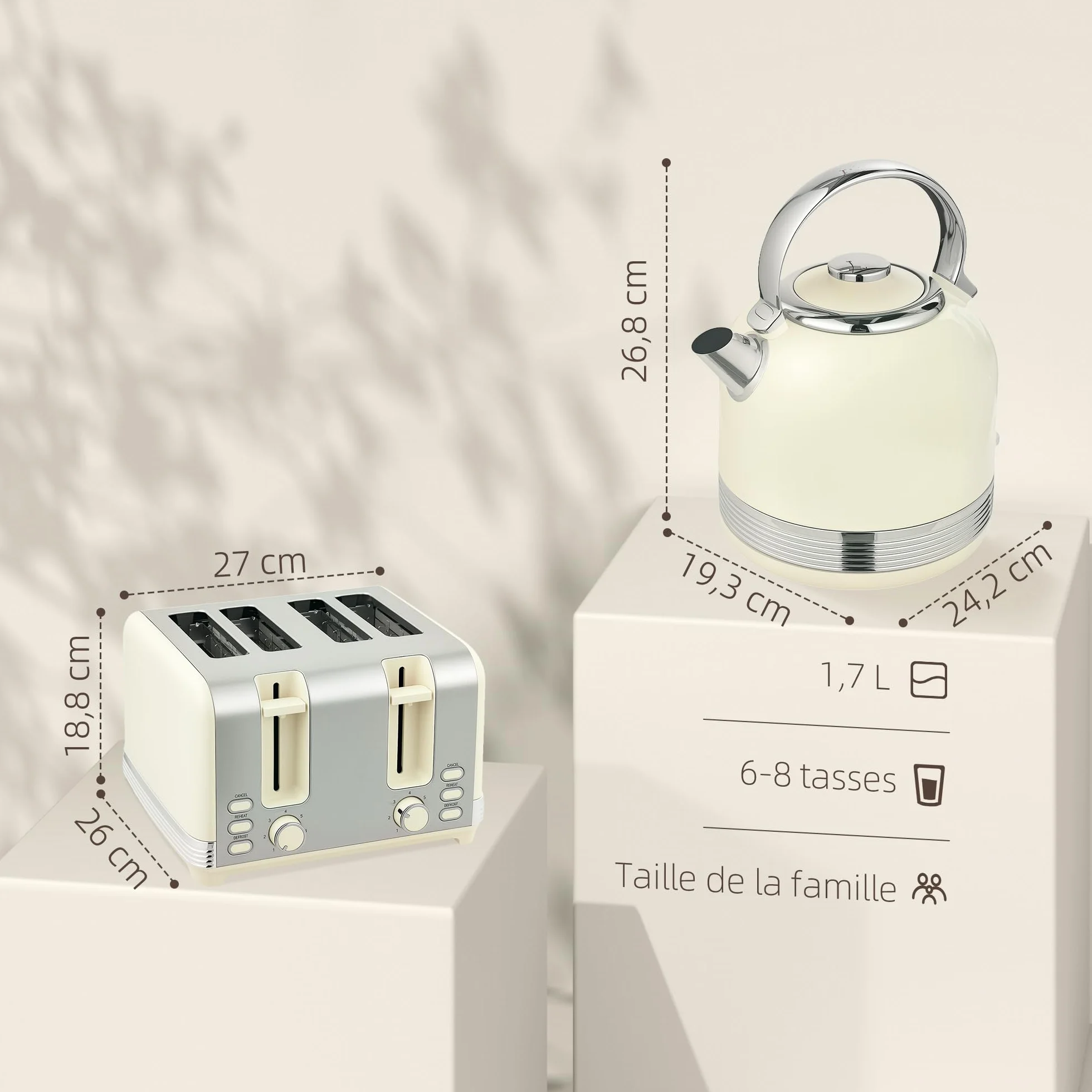 HOMCOM Ensemble bouilloire et grille-pain 2200 W, bouilloire inox 1,7 L, grille-pain 4 tranches, 7 niveaux brunissage, crème