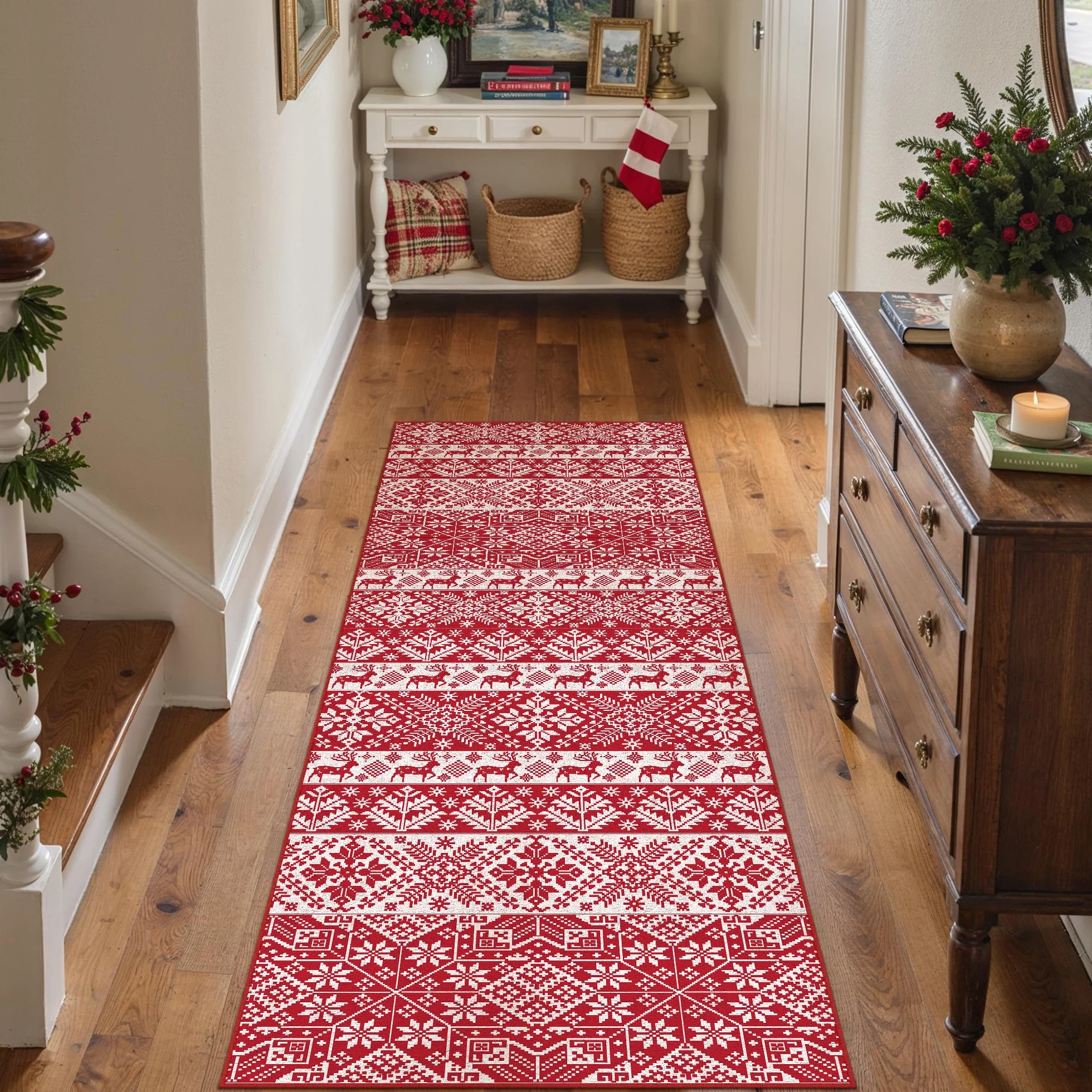 Tapis de couloir de Noël lavable flocon de neige antidérapant 60 x 180 cm rouge PureCozy