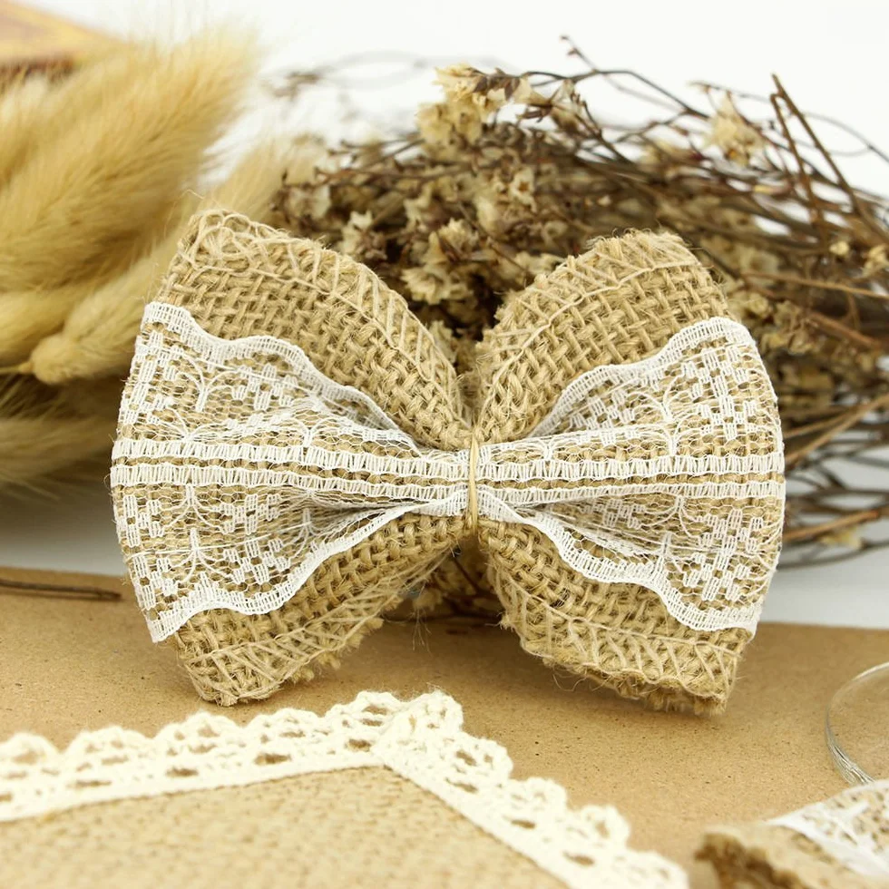 Nœuds décoratifs en toile de jute et dentelle Blanc 50pcs pour mariage Noël