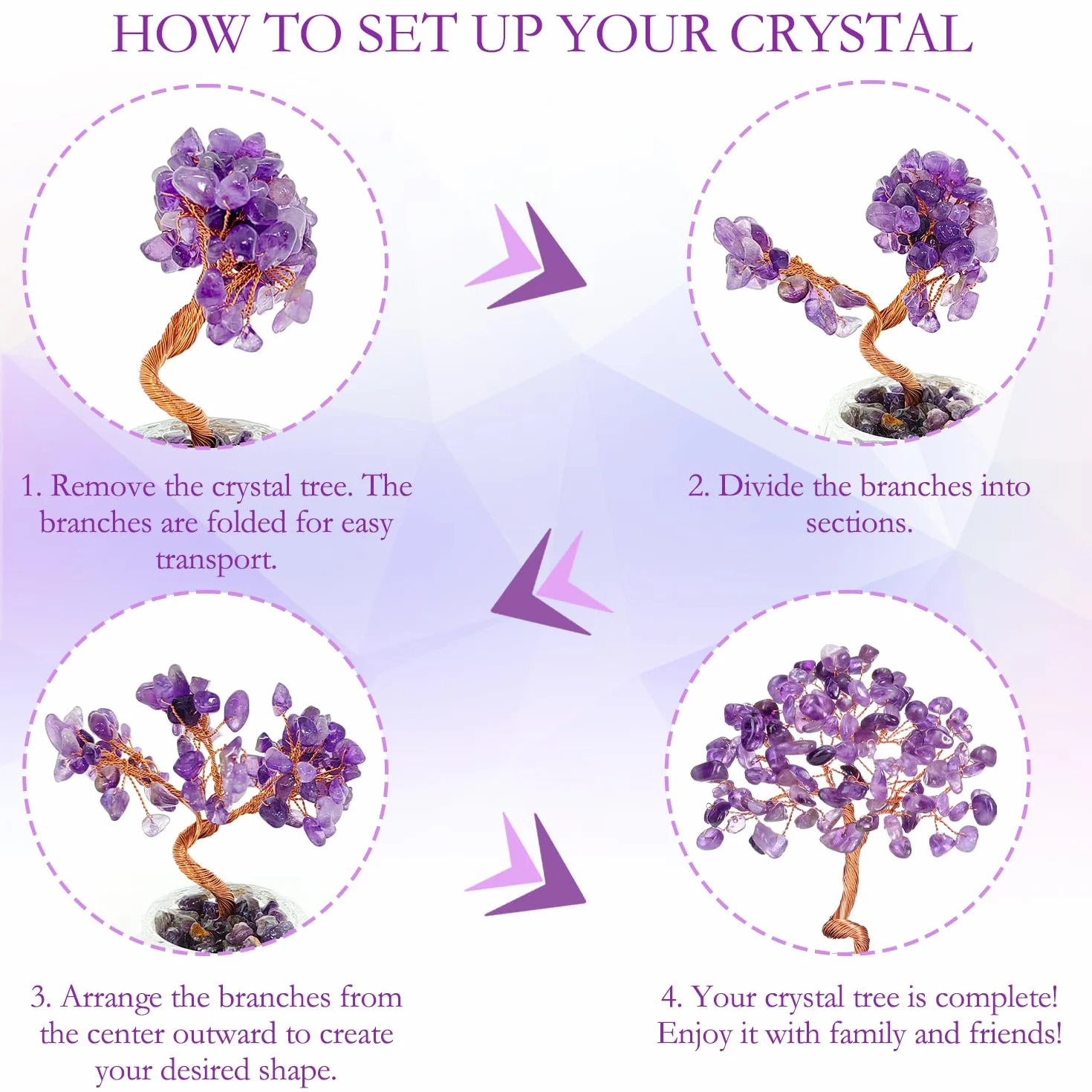 Arbre en cristal de quartz rose fait main pierre précieuse guérison décoration maison bureau chakra cadeau porte-bonheur anniversaire violet