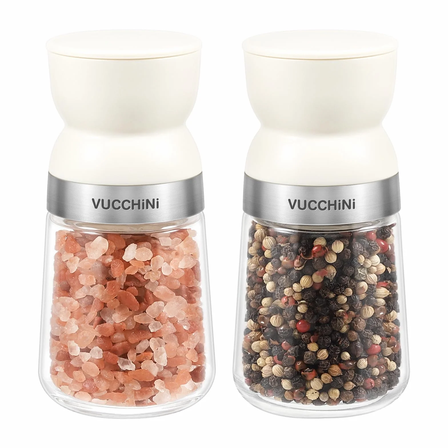 Vucchini Moulin à Sel et à Poivre 2 Ensembles avec Noyau en Céramique, Grosseur Ajustable, Beige