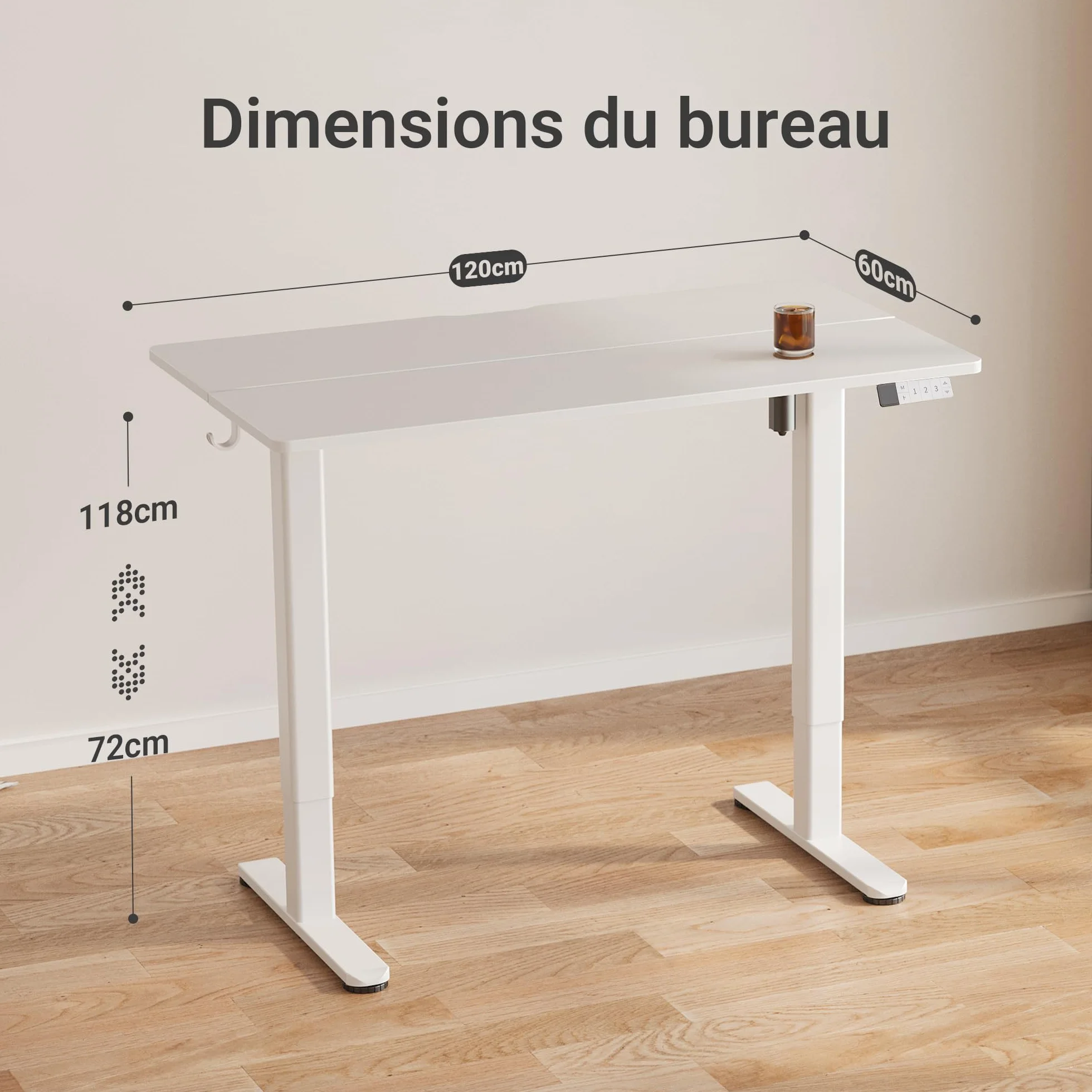 Claiks Bureau Assis Debout Électrique Réglable en Hauteur 120 x 60 cm avec Gestion des Câbles et Fonction Mémoire