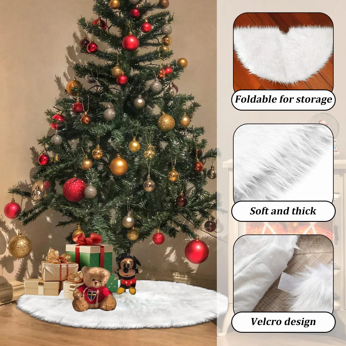 Tapis Sapin Noël 120 cm Blanc Fausse Fourrure Peluche Décorations Arbre