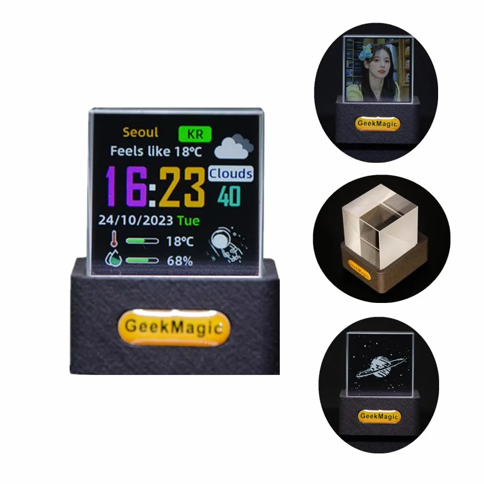 GeekMagic Mini Cube d'Affichage Hologramme 3D WiFi, Station Météo, Horloge Numérique, Cadre Photo Électronique