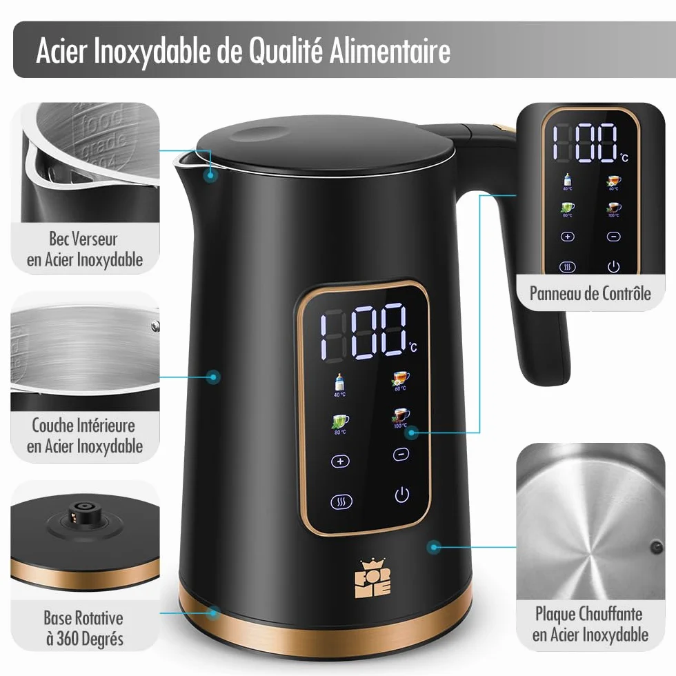 ForMe Bouilloire Electrique Inox 1,7L Contrôle de Température Réglable 40-100°C LED Affichage Maintien au Chaud
