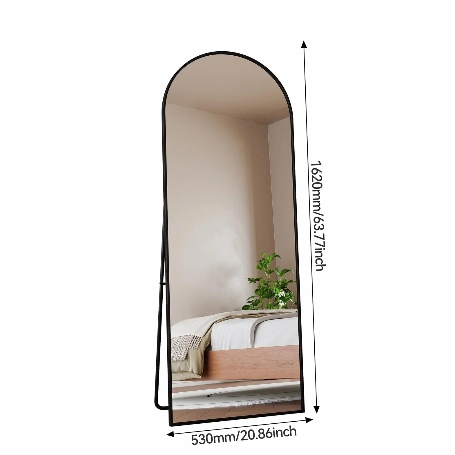 Miroir sur Pied 162x53 cm Grand Miroir Arqué Aluminium Noir Cadre Pleine Longueur
