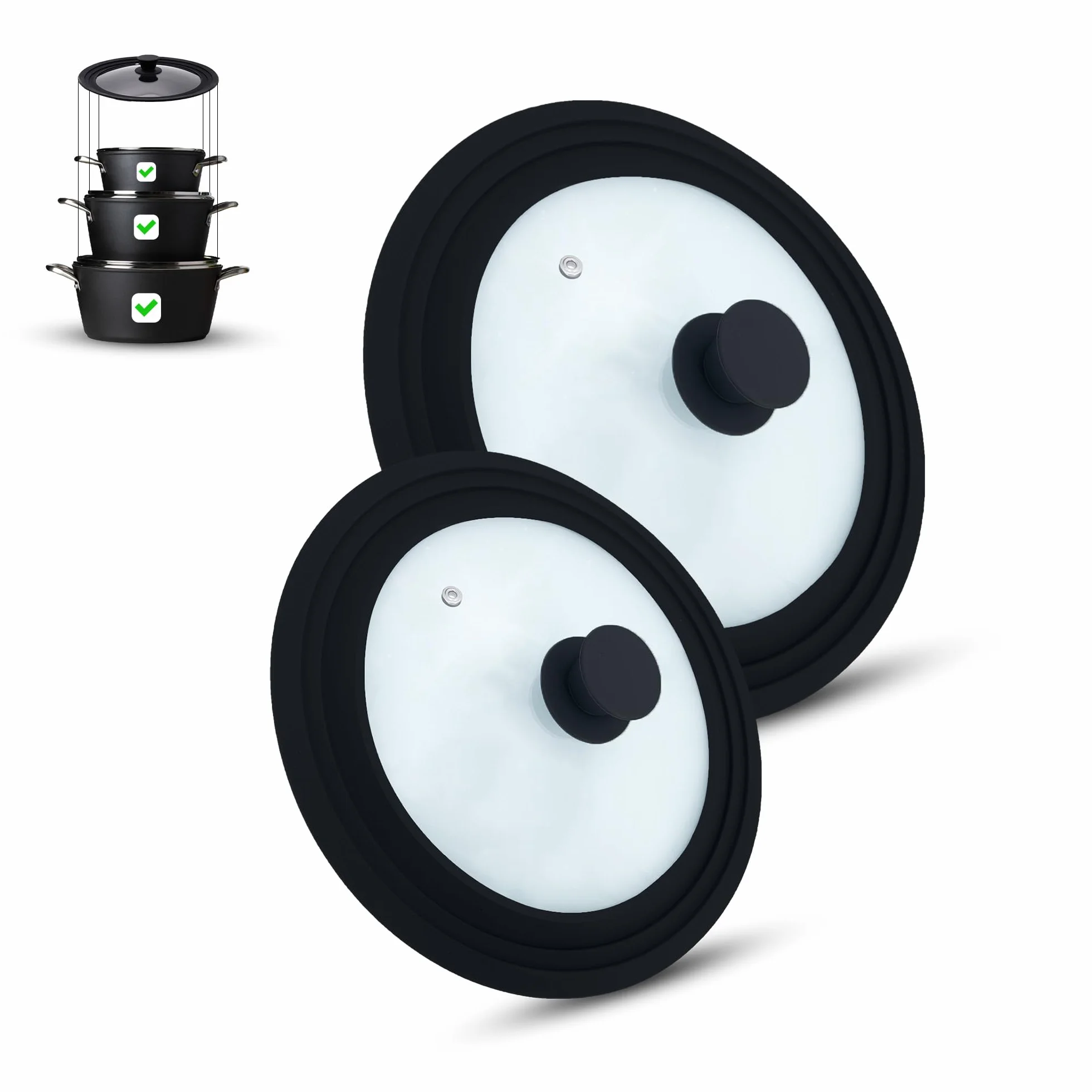 Lot de 2 couvercles en verre pour casseroles et poêles 16/18/20 cm et 24/26/28 cm, avec soupape d'échappement et bord en silicone noir