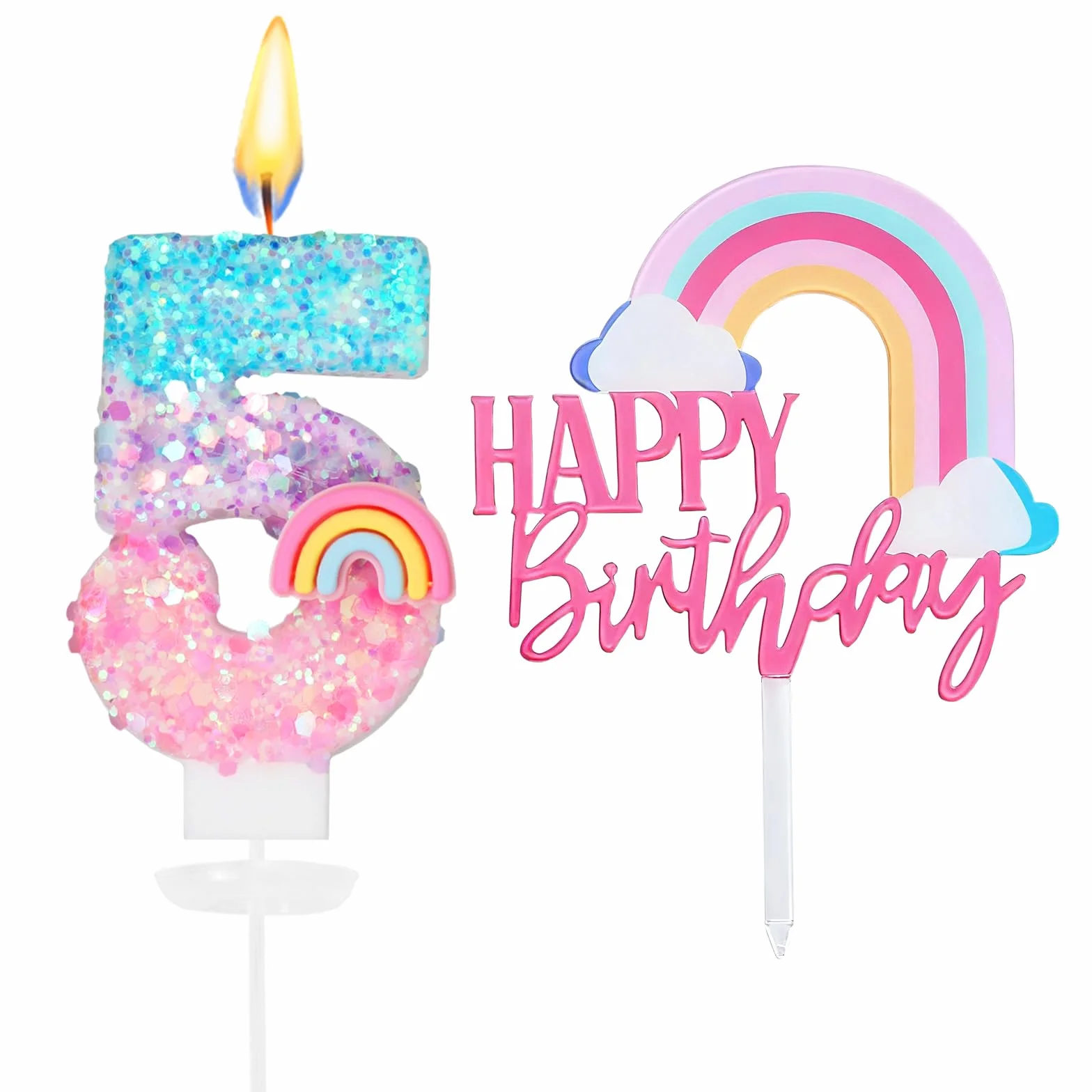 Bougies d'anniversaire Arc-en-ciel 5 Ans 3D Chiffre Fille Décoration Gâteau Enfants