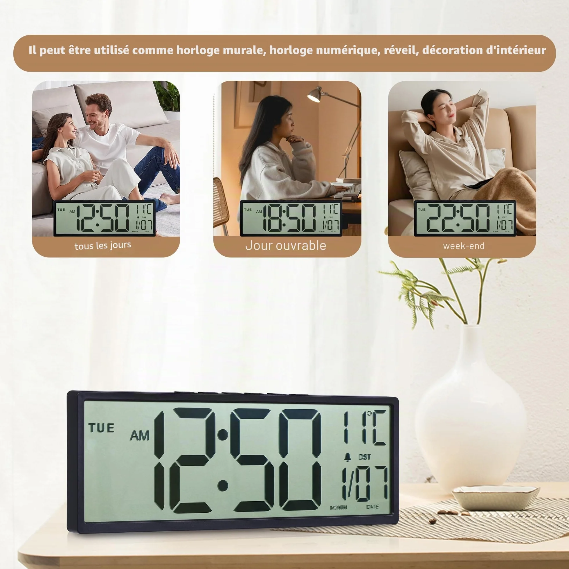 Maxstar Grande Horloge Murale Numérique 15" Grand Écran LCD Chiffres Géants Piles Auto DST Température Date