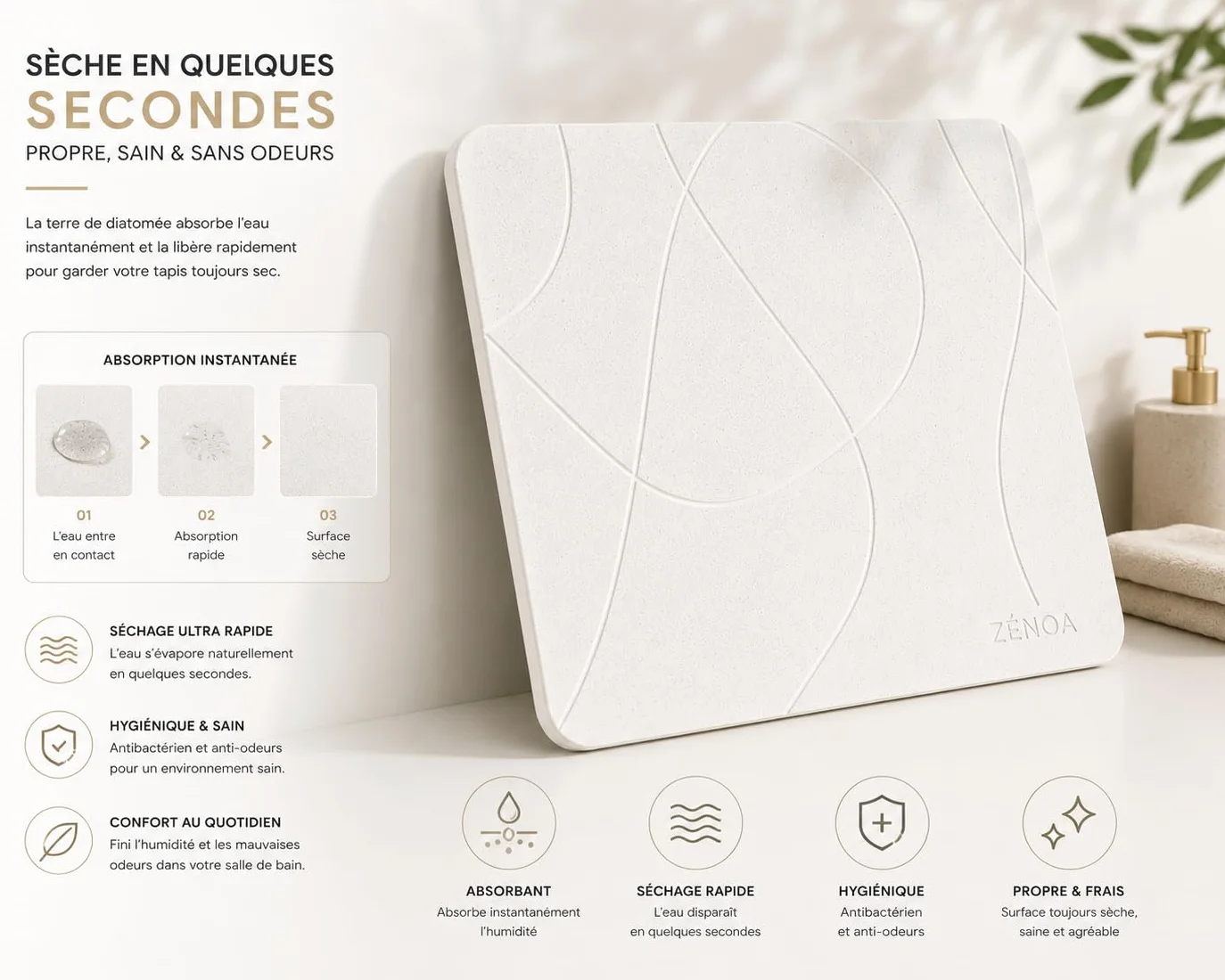 Tapis de Bain en diatomite 60 x 39 cm - Séchage instantané, antidérapant, Surface minérale Ultra absorbante - Blanc & Gris Ligne