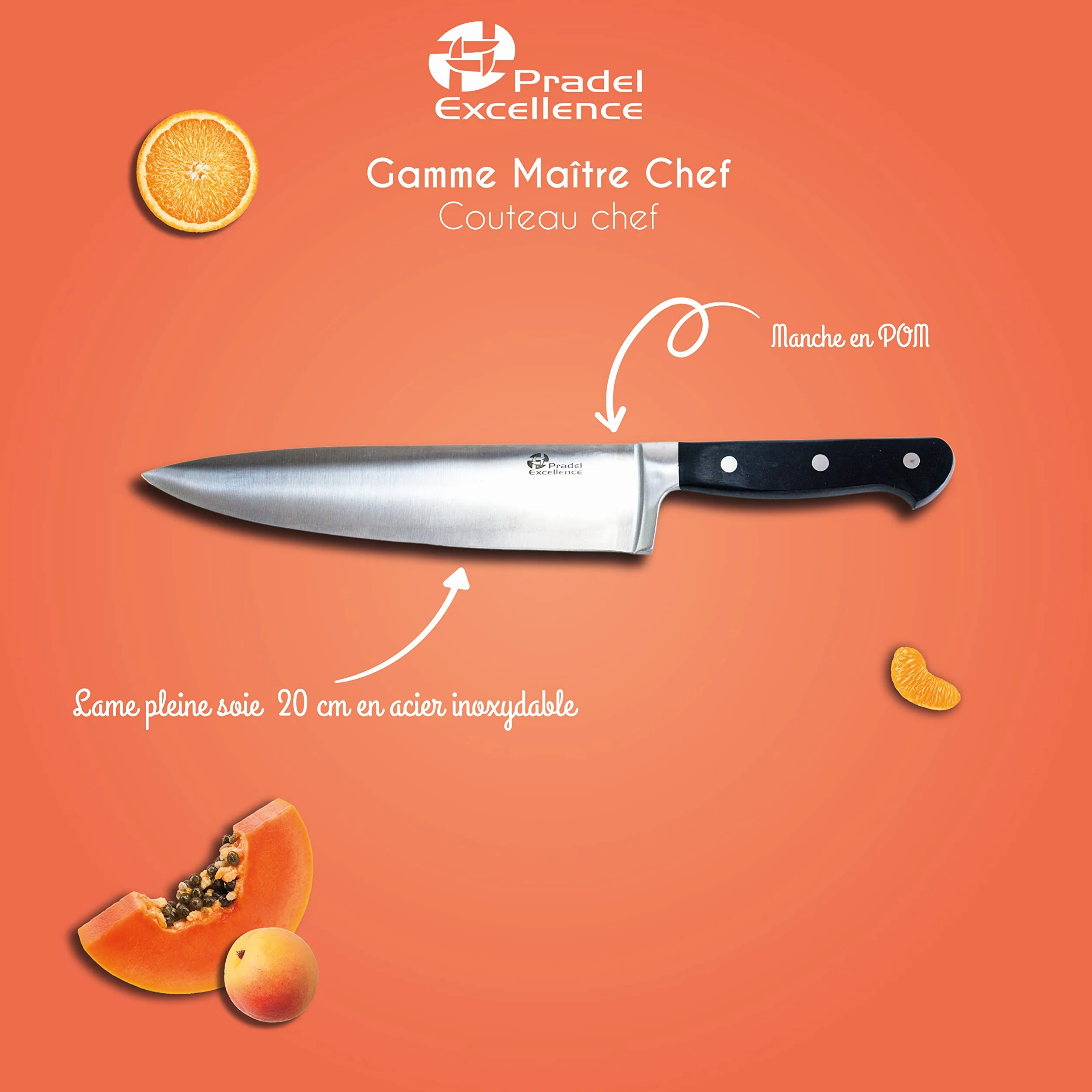 Couteau de Cuisine Chef 20 cm Lame Acier Inoxydable 3Cr14 Manche POM Ergonomique Gamme Maître Chef