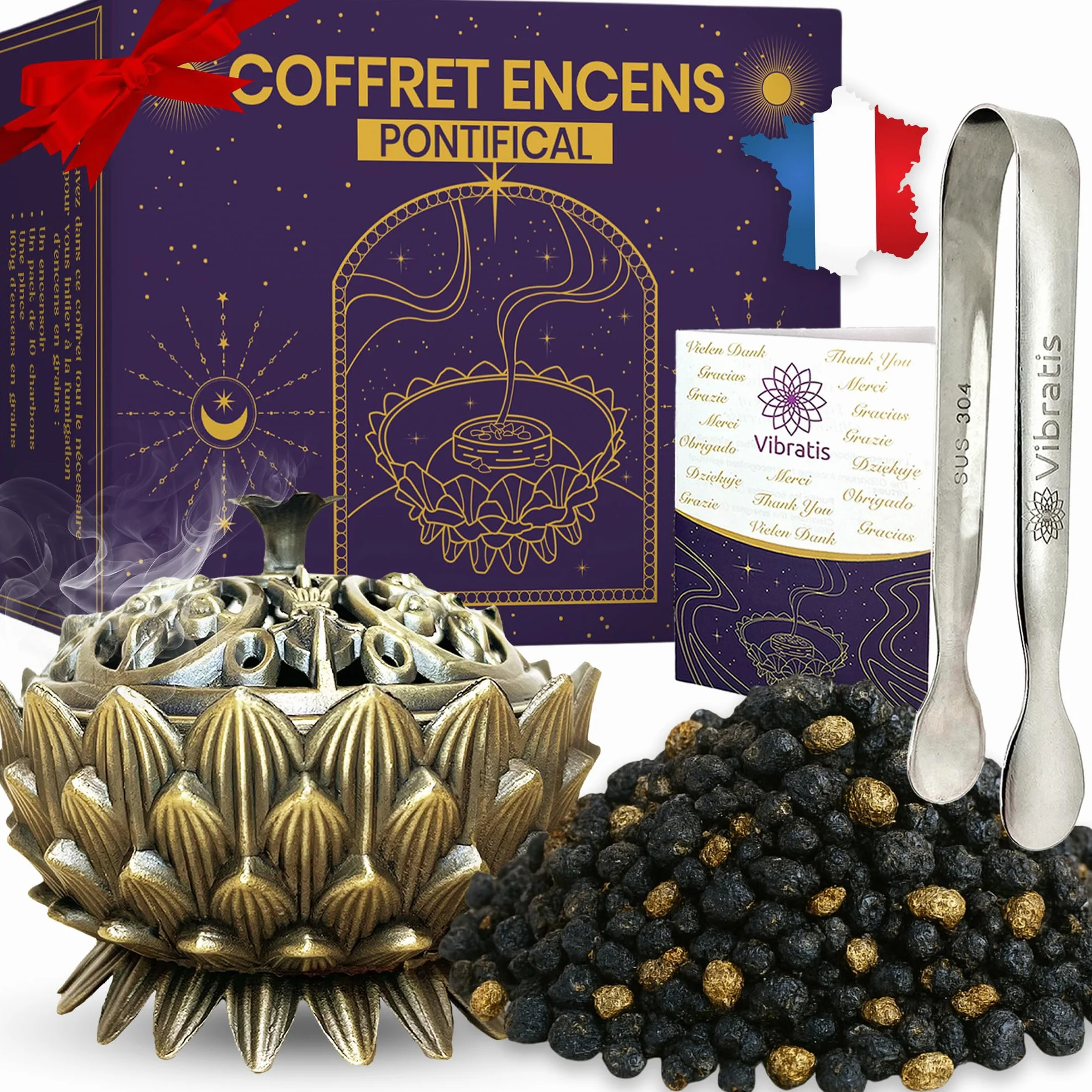 Coffret Encens Pontifical en Grains 100g avec Encensoir et Pince en Acier Inoxydable
