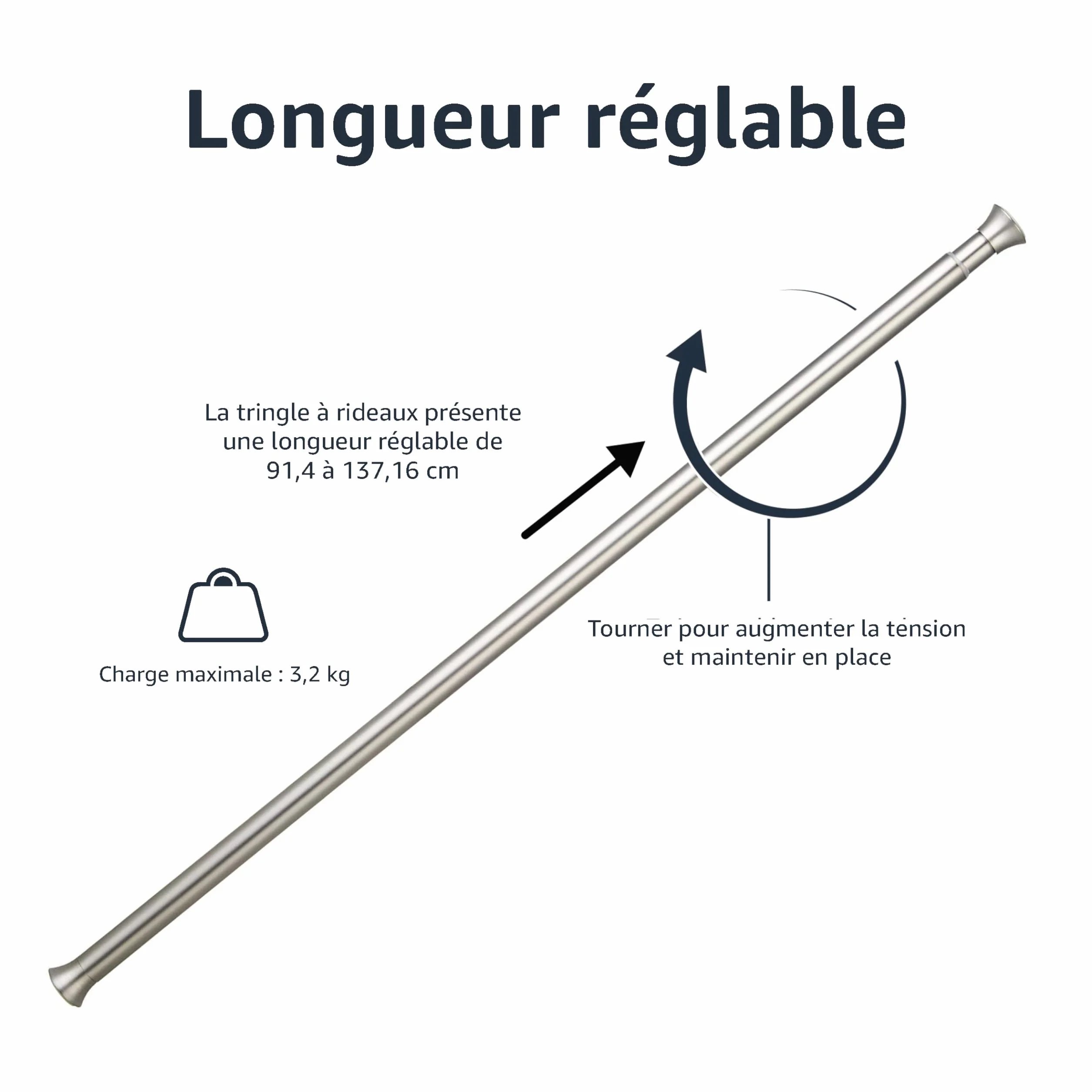 Amazon Basics Tringle de rideau de douche extensible ajustable nickel 61-91 cm
