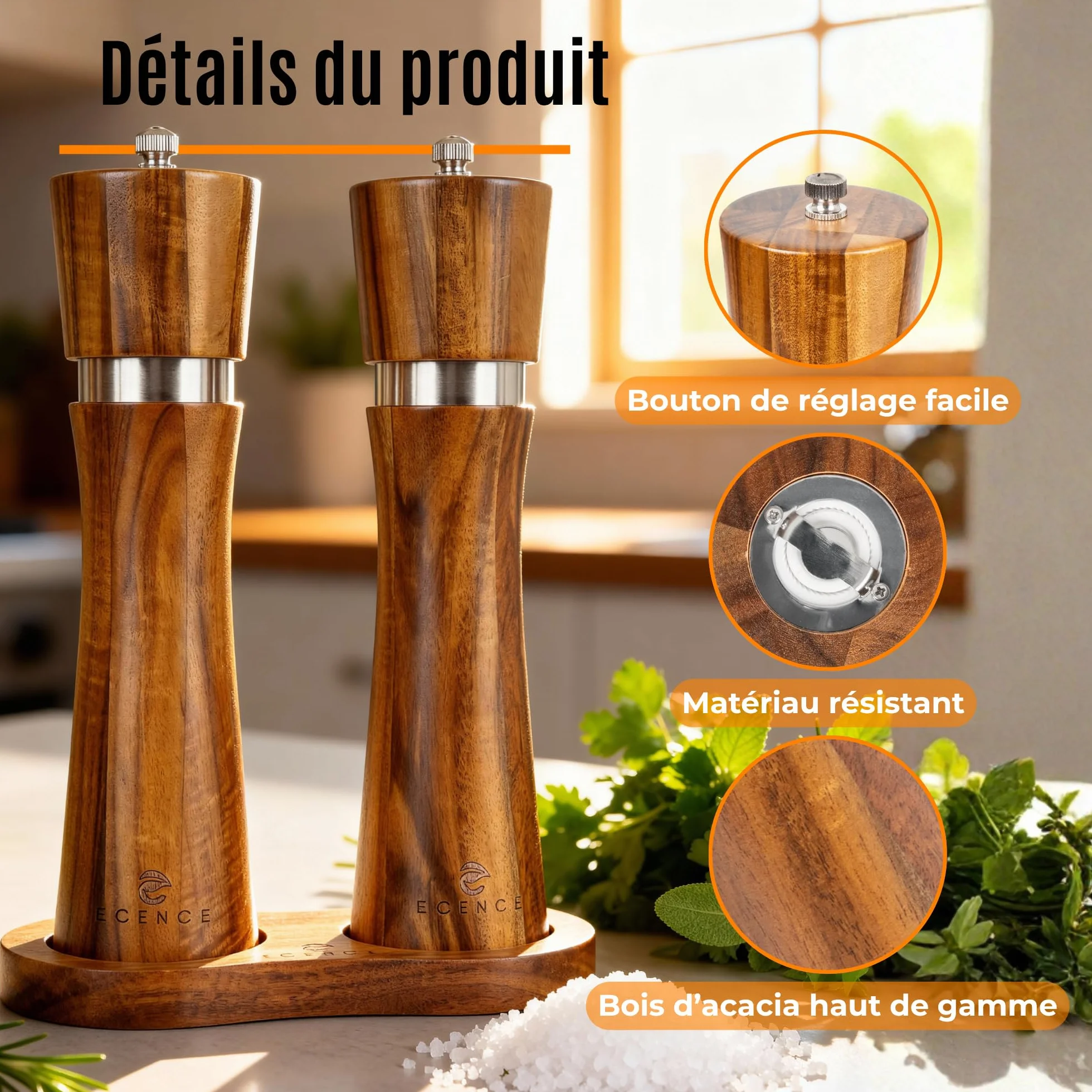 ECENCE Moulin à poivre et sel bois d'acacia - Lot 2 moulins à épices céramique avec pinceau et dessous-de-plat