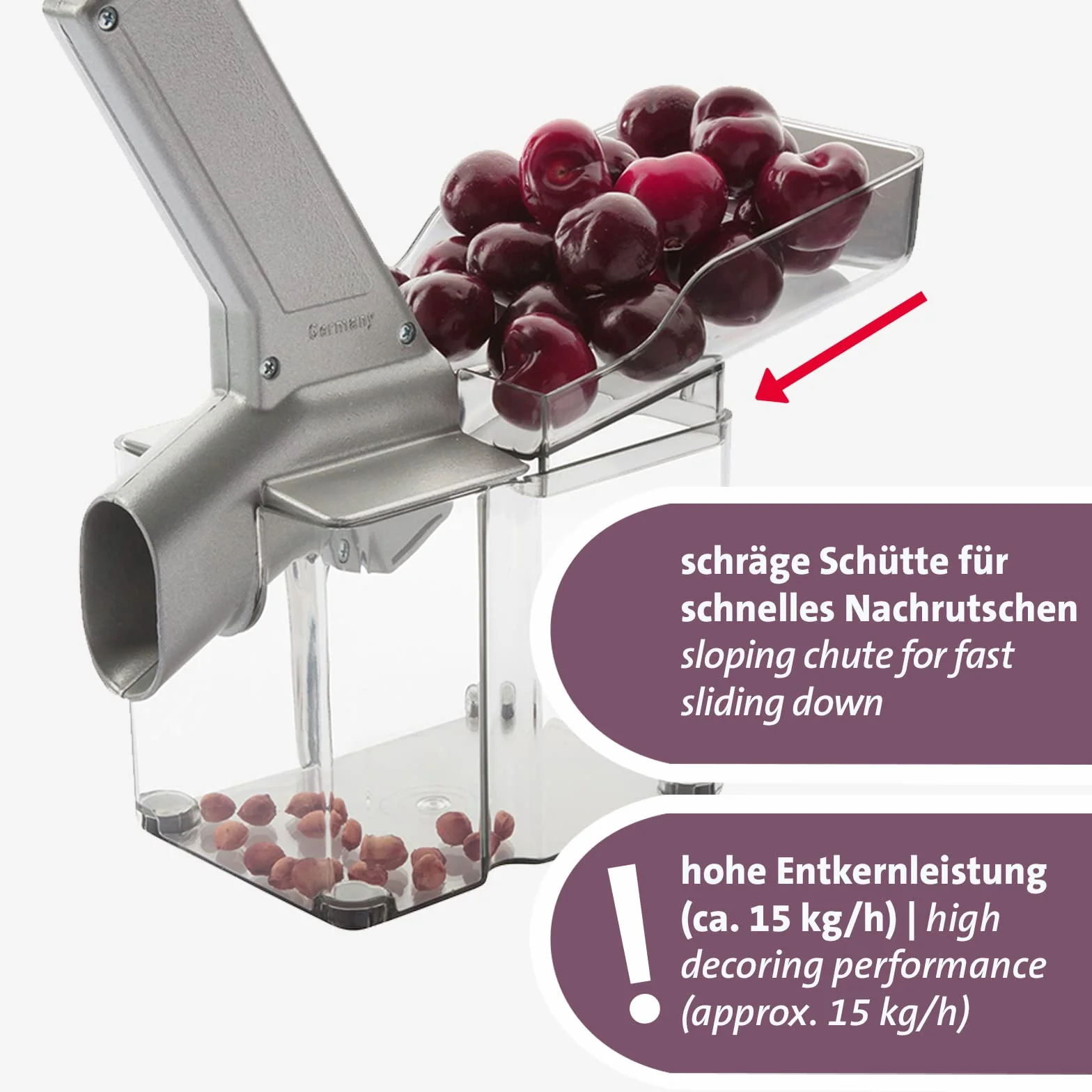 Westmark Kirschomat Dénoyauteur à Cerises avec Goulotte et Caissette à Noyaux, Plastique/Inox/Aluminium, Argenté/Noir/Transparent