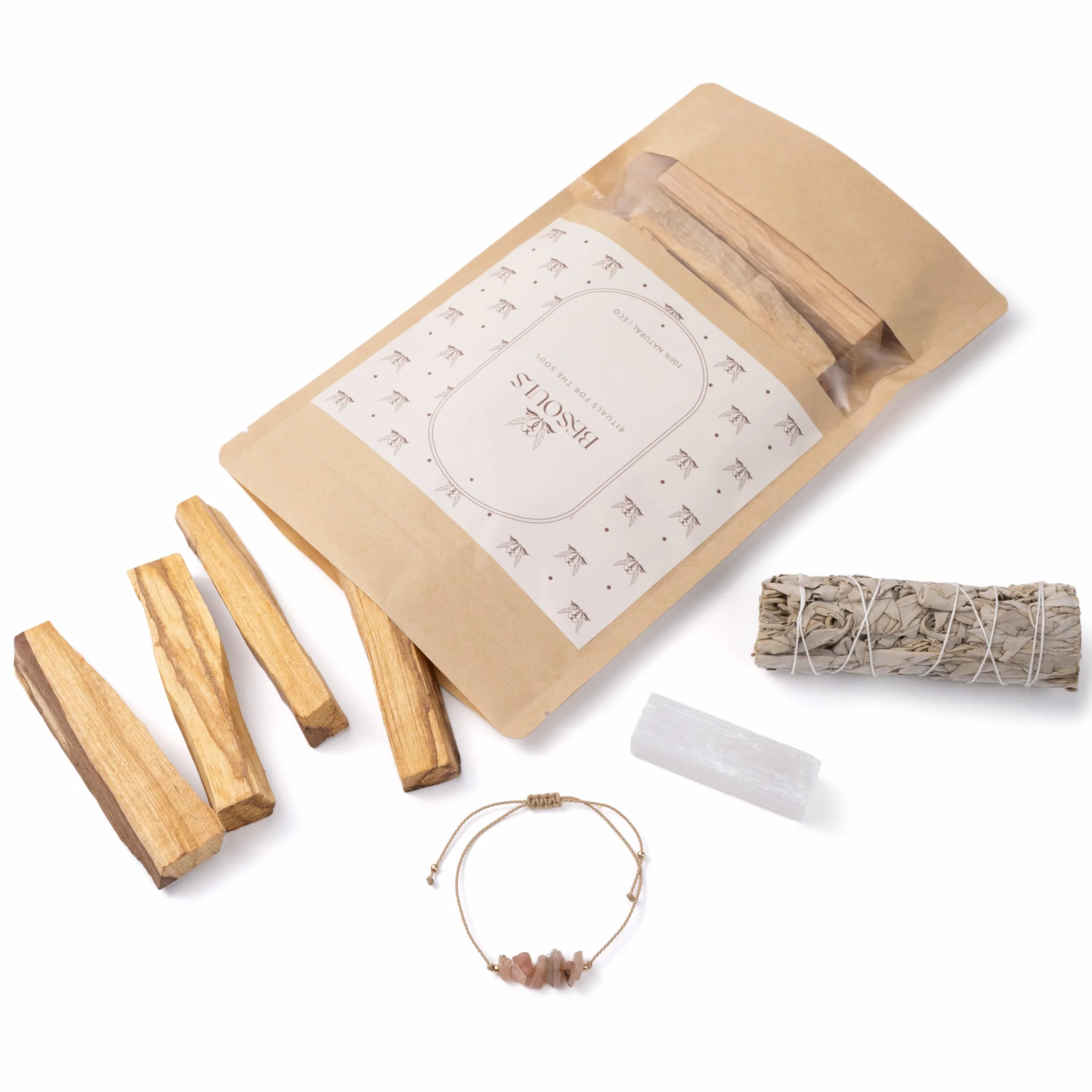 Coffret Premium Rituel Nettoyage Énergétique Palo Santo Purification Sauge Blanche Bracelet Sélénite Maison