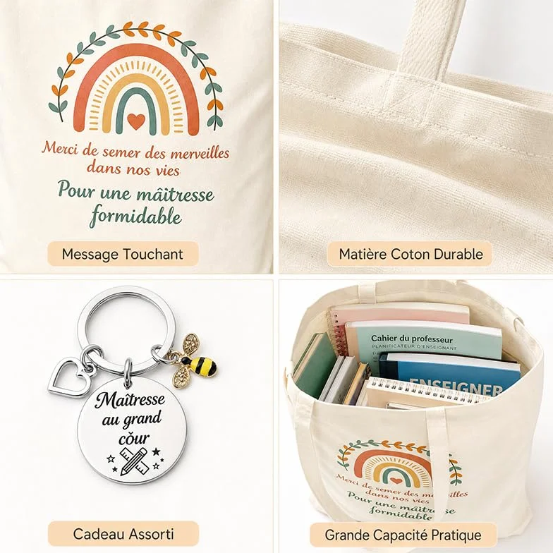 Tote Bag Maitressee Merci Porte-Clé Sac Cabas Femme Grande Capacité Réutilisable