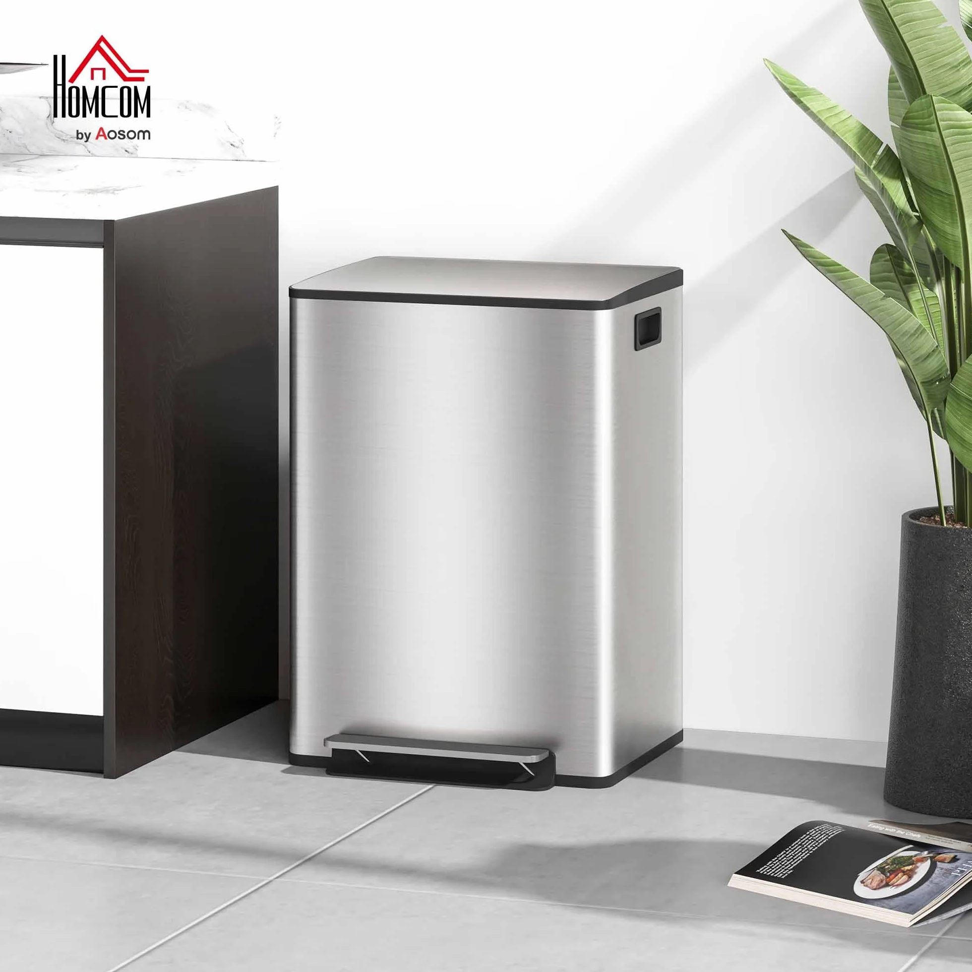 HOMCOM Poubelle de cuisine 2 x 30L à pédale acier inoxydable couvercle fermeture douce seaux amovibles 47,7x37,5x66,8 cm argenté