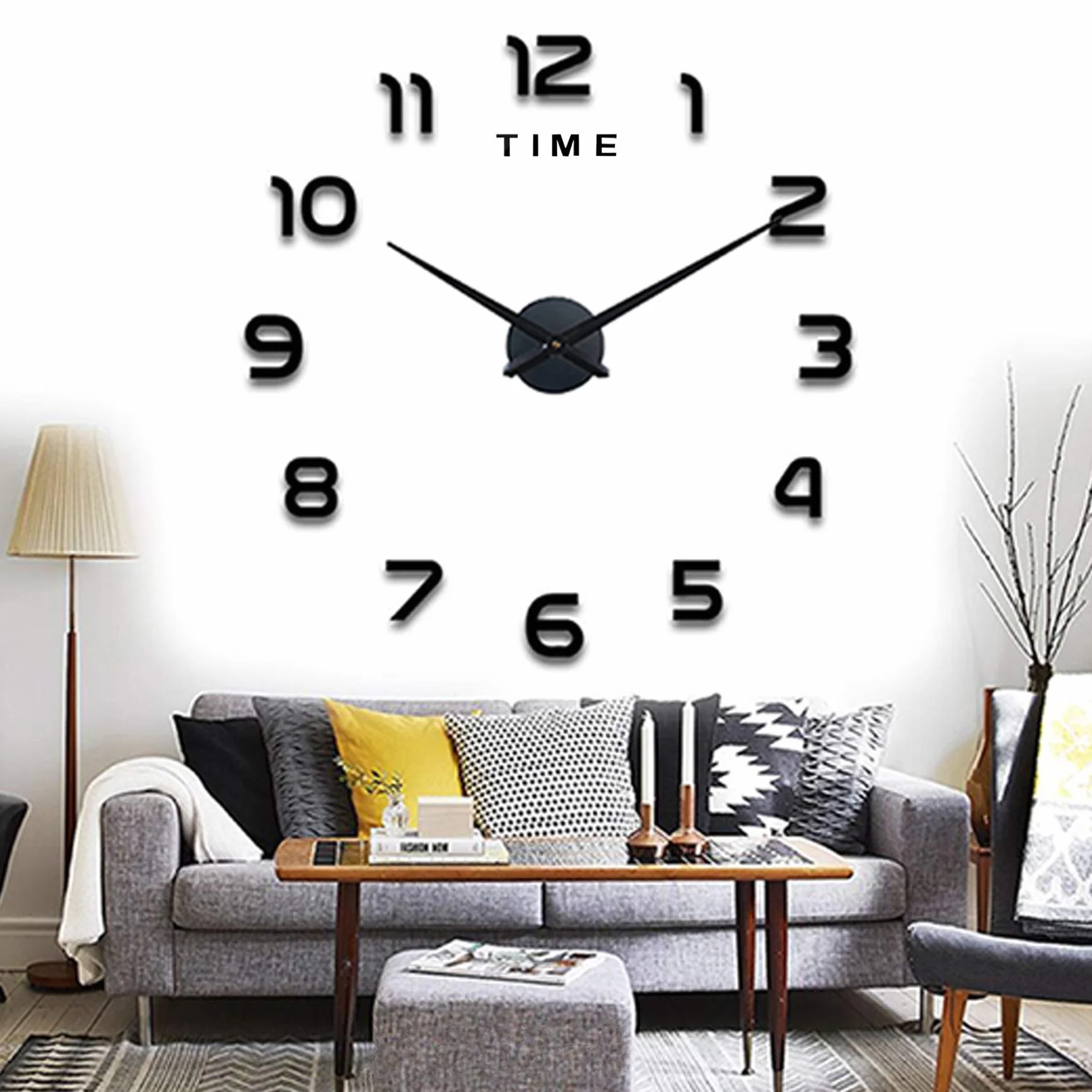 Horloge Murale 3D Miroir Autocollant Métal Silencieuse, Décor Moderne 60-90 cm Noir