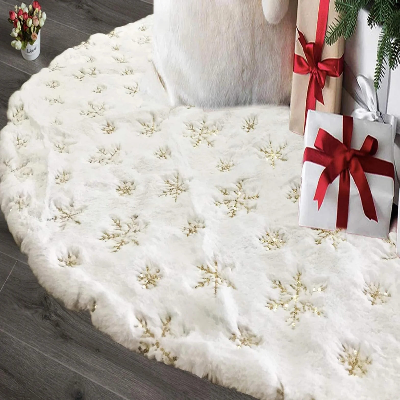 Jupe pour Sapin de Noël Or 90cm Blanche Flocon de Neige