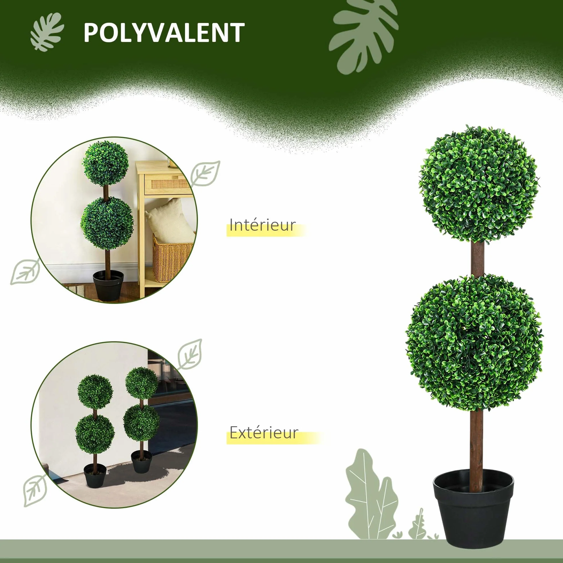 HOMCOM Lot de 2 Arbres Buis Artificiel Double Boules avec Tronc et Pot - Hauteur 90 cm Vert