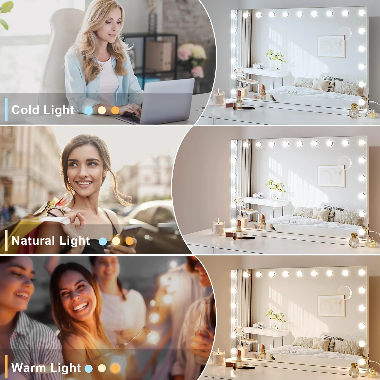 Dripex Miroir Maquillage Hollywood 20 Ampoules LED 3 Modes Luminosité Réglable Contrôle Tactile 90 x 60 cm Blanc