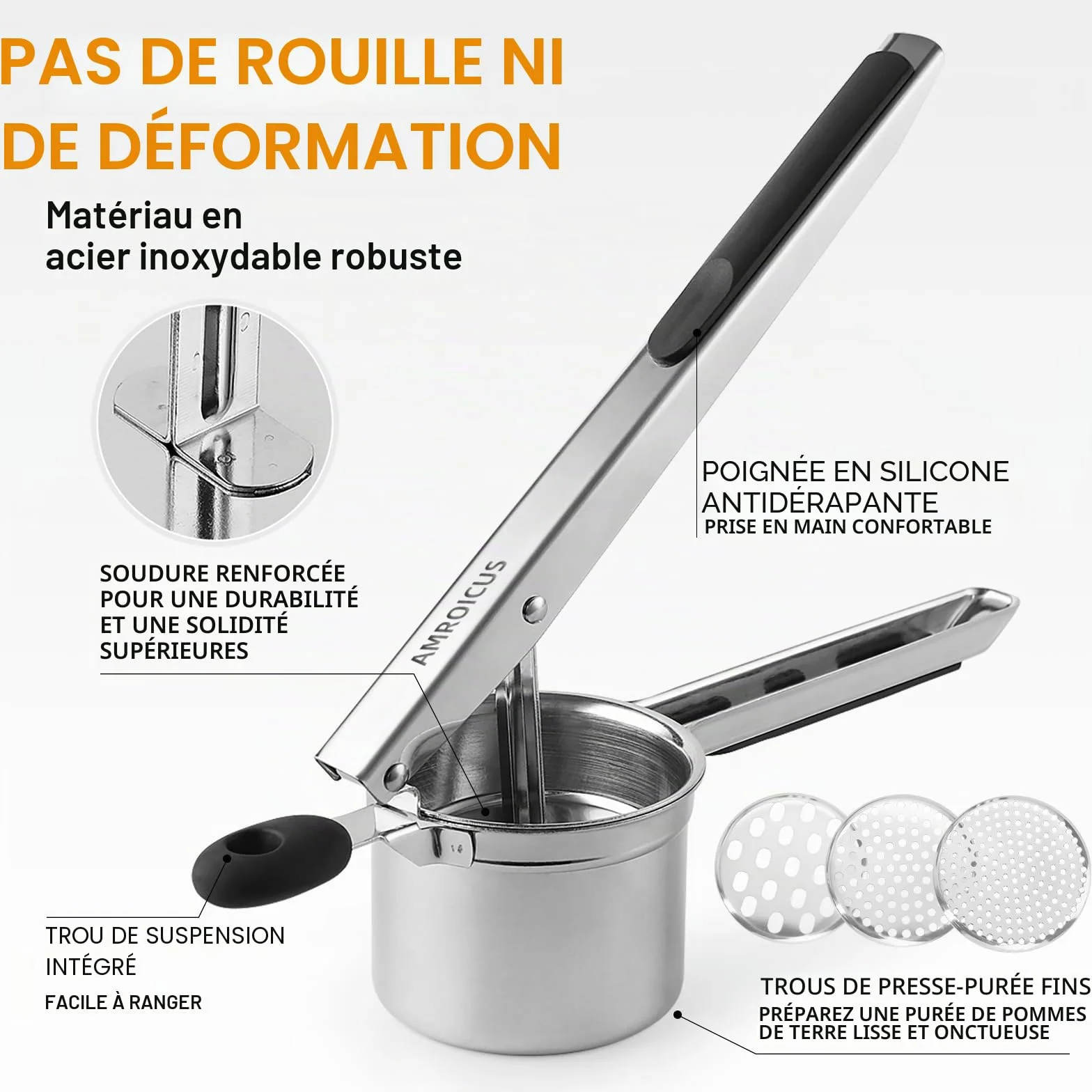 Presse-purée inox 18/10 450 ml, Presse pommes de terre robuste 3 disques interchangeables, Ustensile cuisine purée lisse spaetzle gnocchis légumes