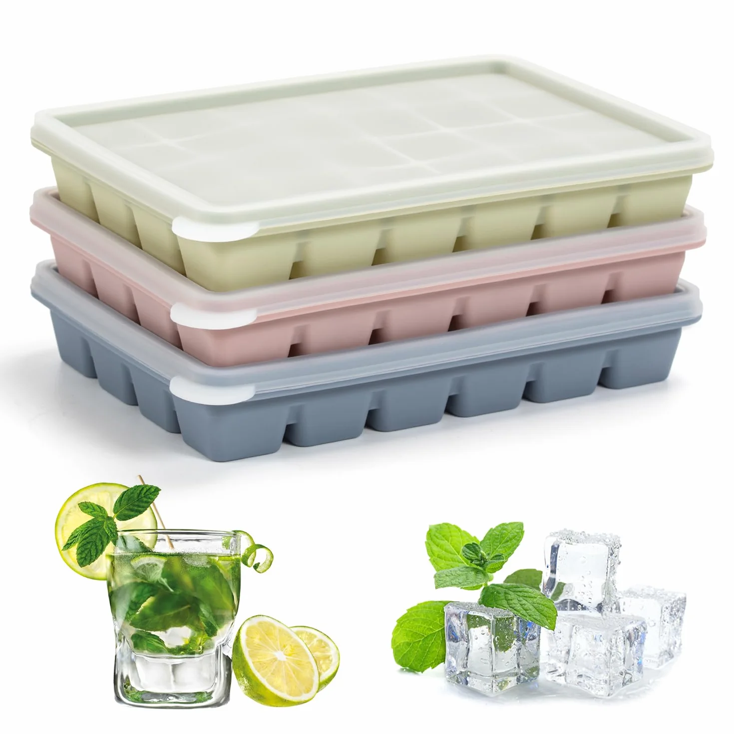 Lot de 3 bacs à glaçons carrés en silicone avec couvercle 24 compartiments Sans BPA