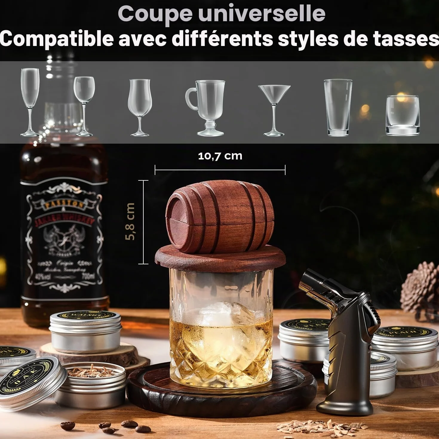 Kit de Fumoir pour Whisky avec Chalumeau - 6 Arômes de Copeaux de Bois, 2 Verres, 2 Moules à Glaçons Sphériques - Kit Fumoir Cocktail, Cadeau Homme