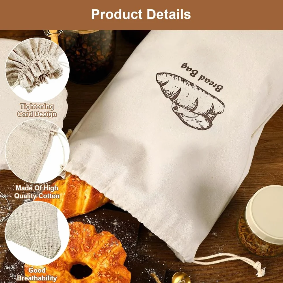 Sac à Pain Tissu Réutilisable 44 x 29 cm avec Cordon de Serrage pour Cuisine, Pain, Fruits et Légumes