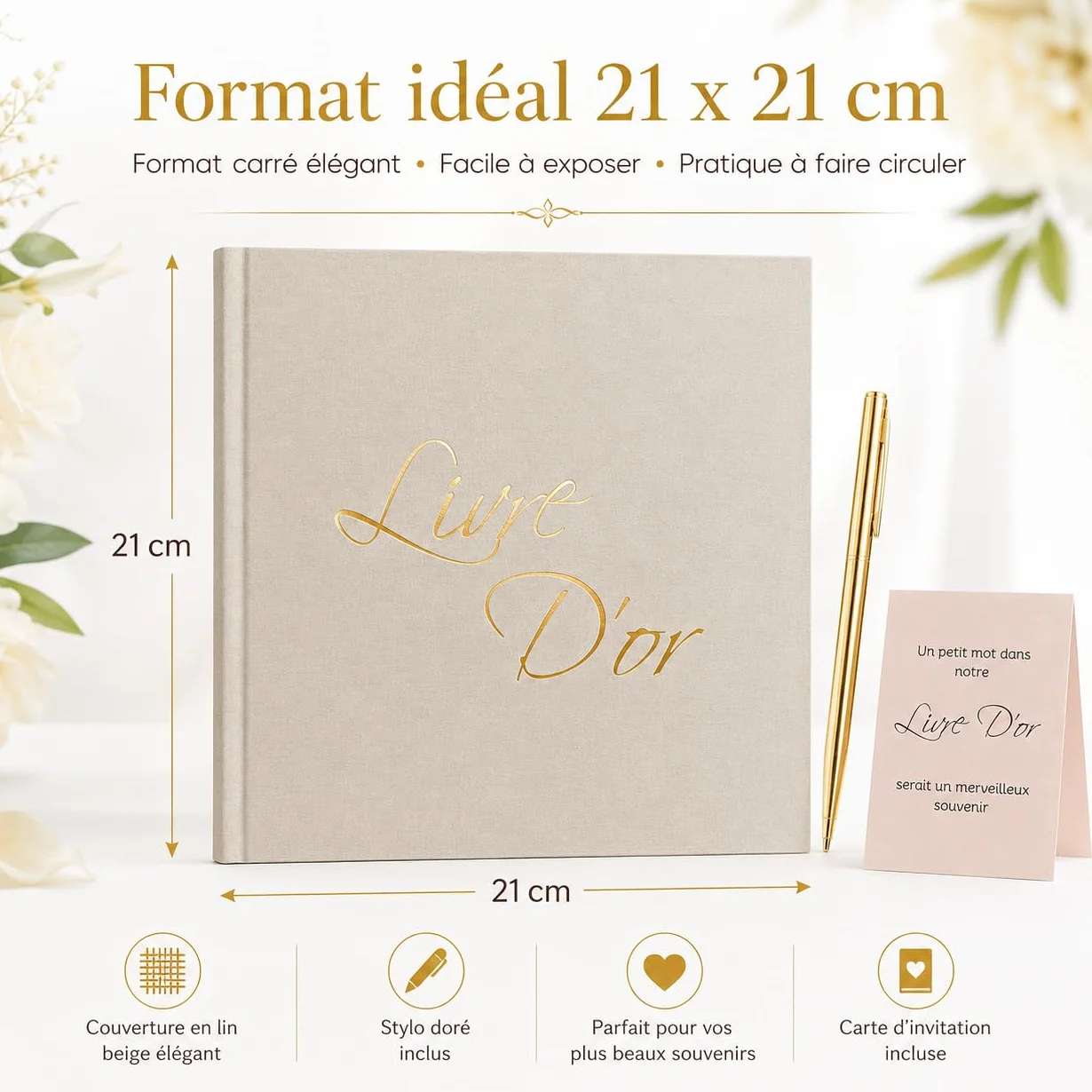 Livre d'Or Lin Beige 21x21 cm 100 Pages Blanches Stylo et Affiche Mariage Anniversaire Baptême