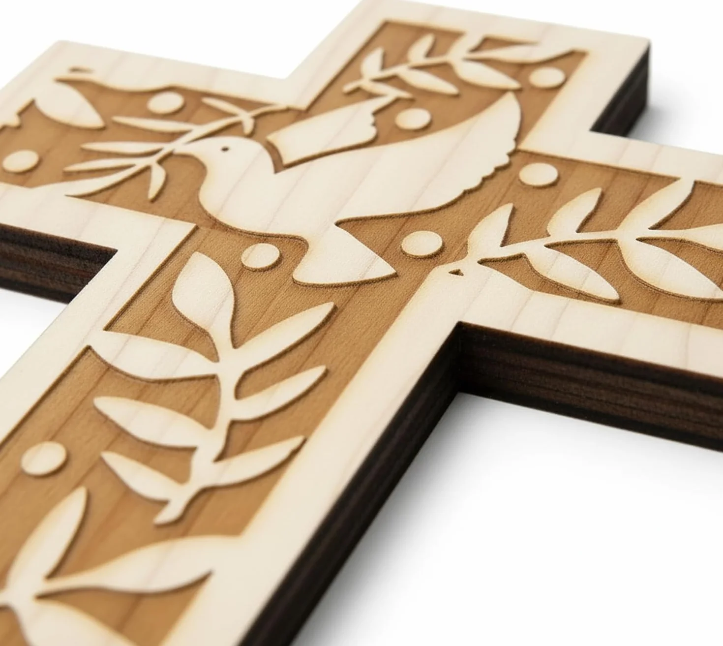 Croix murale en bois d'épicéa 18 cm avec colombe et rameaux d'olivier Kaltner
