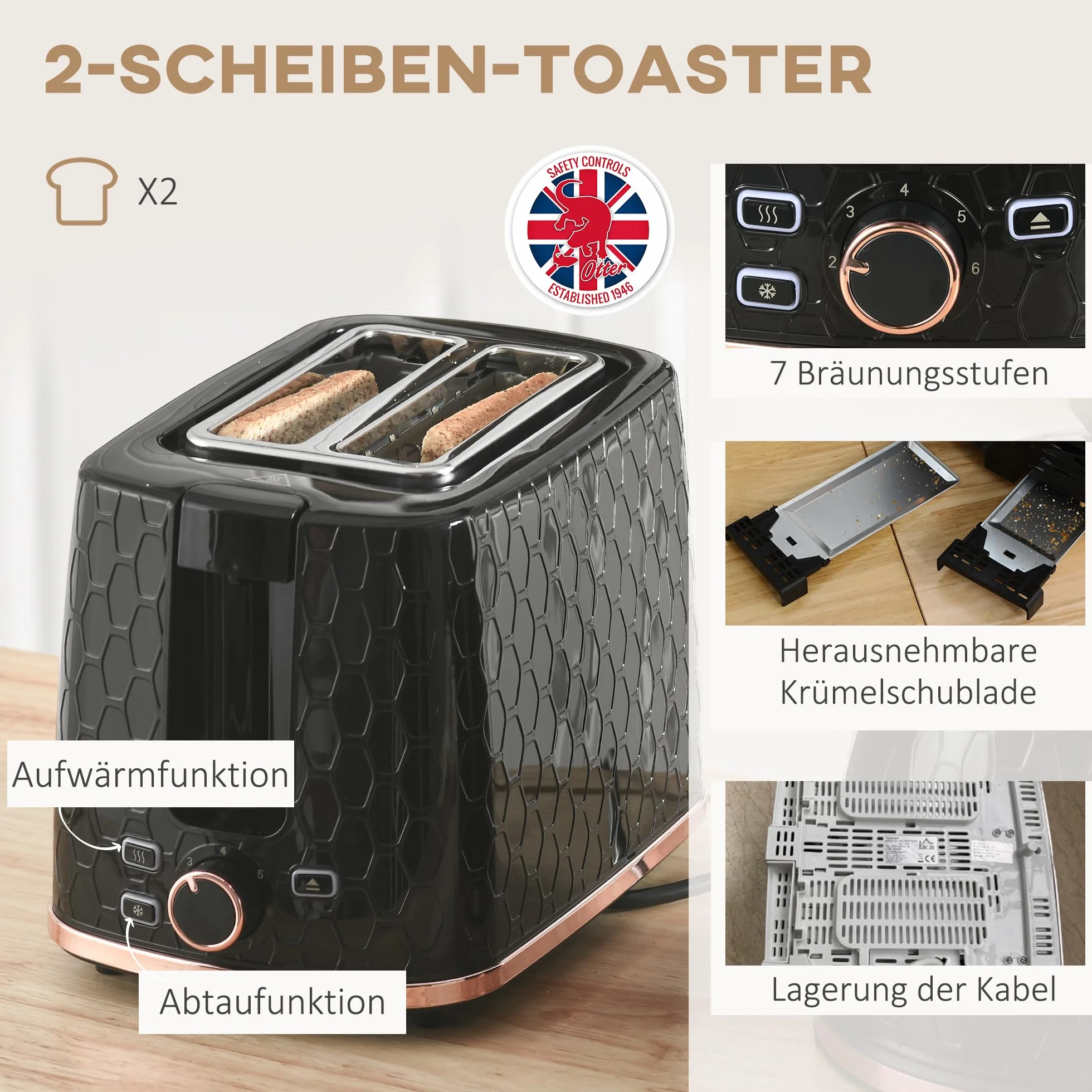 HOMCOM Bouilloire Grille-pain 2200 W 1,7 L Set Petit-déjeuner 2 Disques 7 Niveaux Grillage