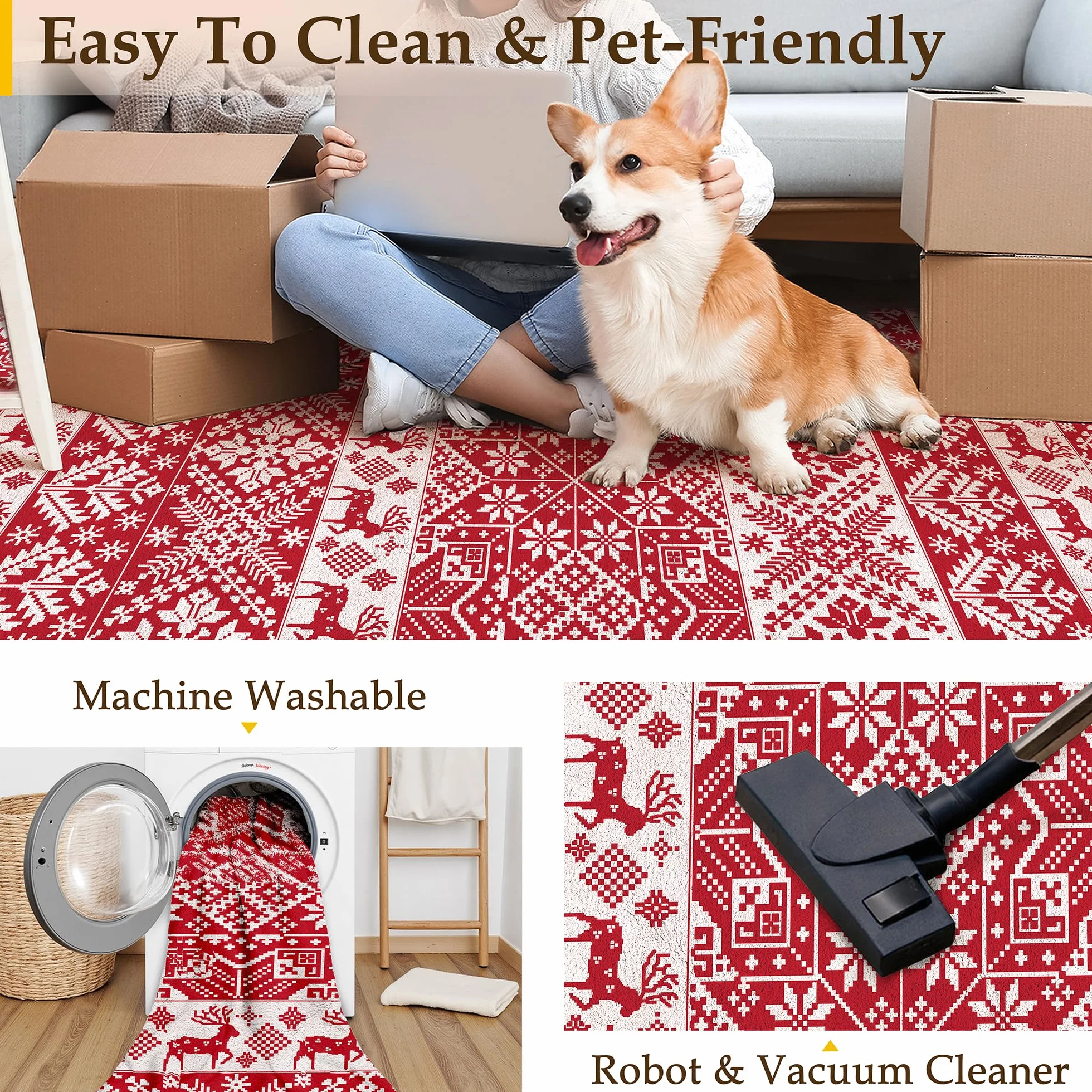 Tapis de couloir de Noël lavable flocon de neige antidérapant 60 x 180 cm rouge PureCozy