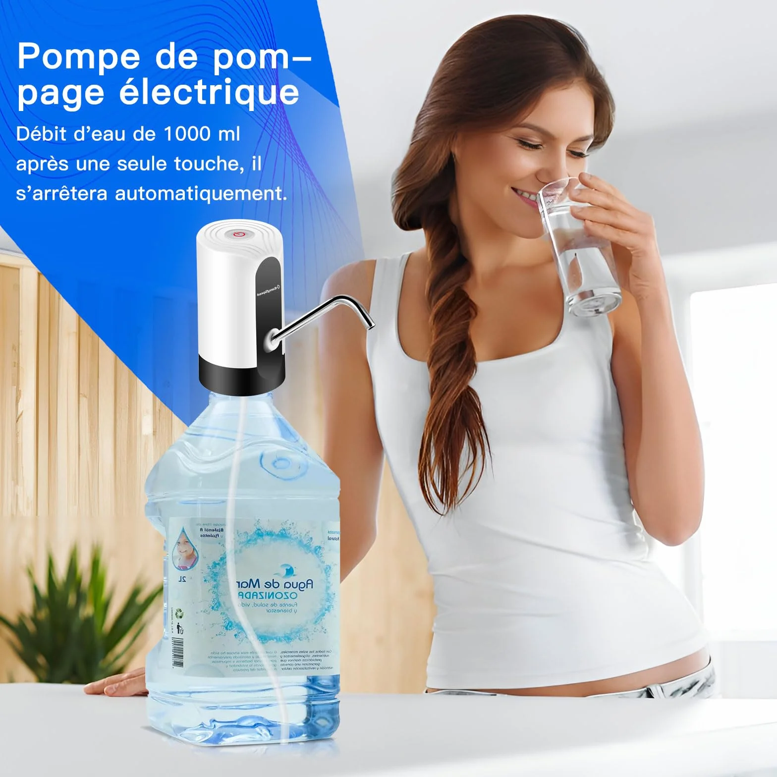 EASYSPEED Distributeur Eau Portable Rechargeable USB avec 2 Adaptateurs, Pompe Automatique pour Camping Maison Bureau Blanc