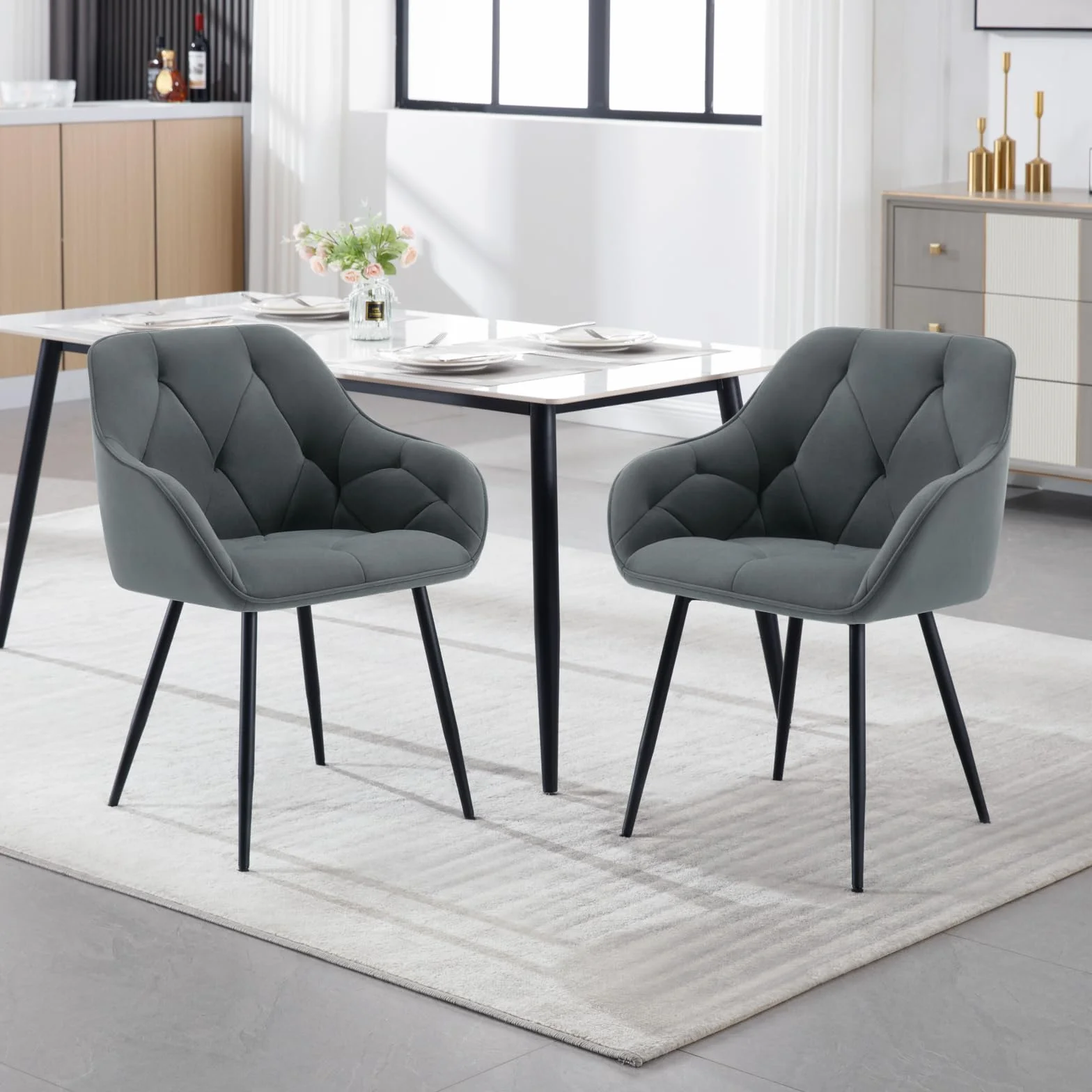 WOLTU Lot de 6 Chaises de Salle à Manger Rembourrées avec Accoudoirs, Pieds en Métal, Velours Gris Foncé