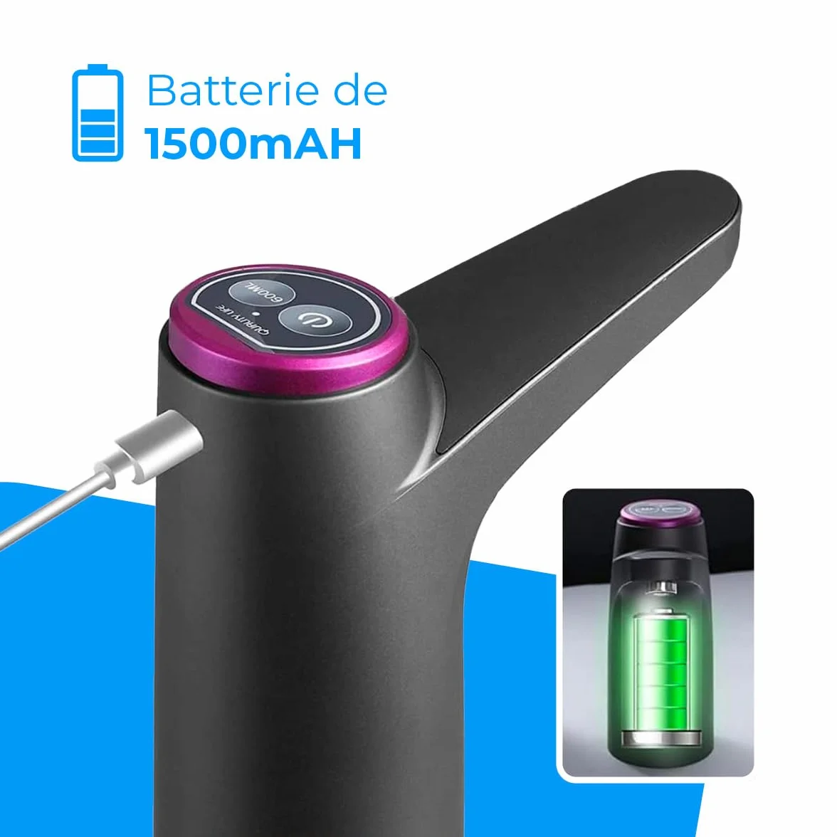 Distributeur d'eau en Bouteille Automatique USB sans BPA 1500mAh Silicone Noir 4,5-18,9L