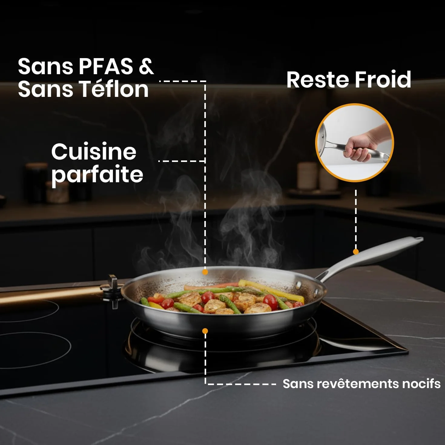 Poele Inox 28cm 18/10 Induction 3 Couches Acier Inoxydable Compatible Tous Feux Gaz Electrique Vitroceramique