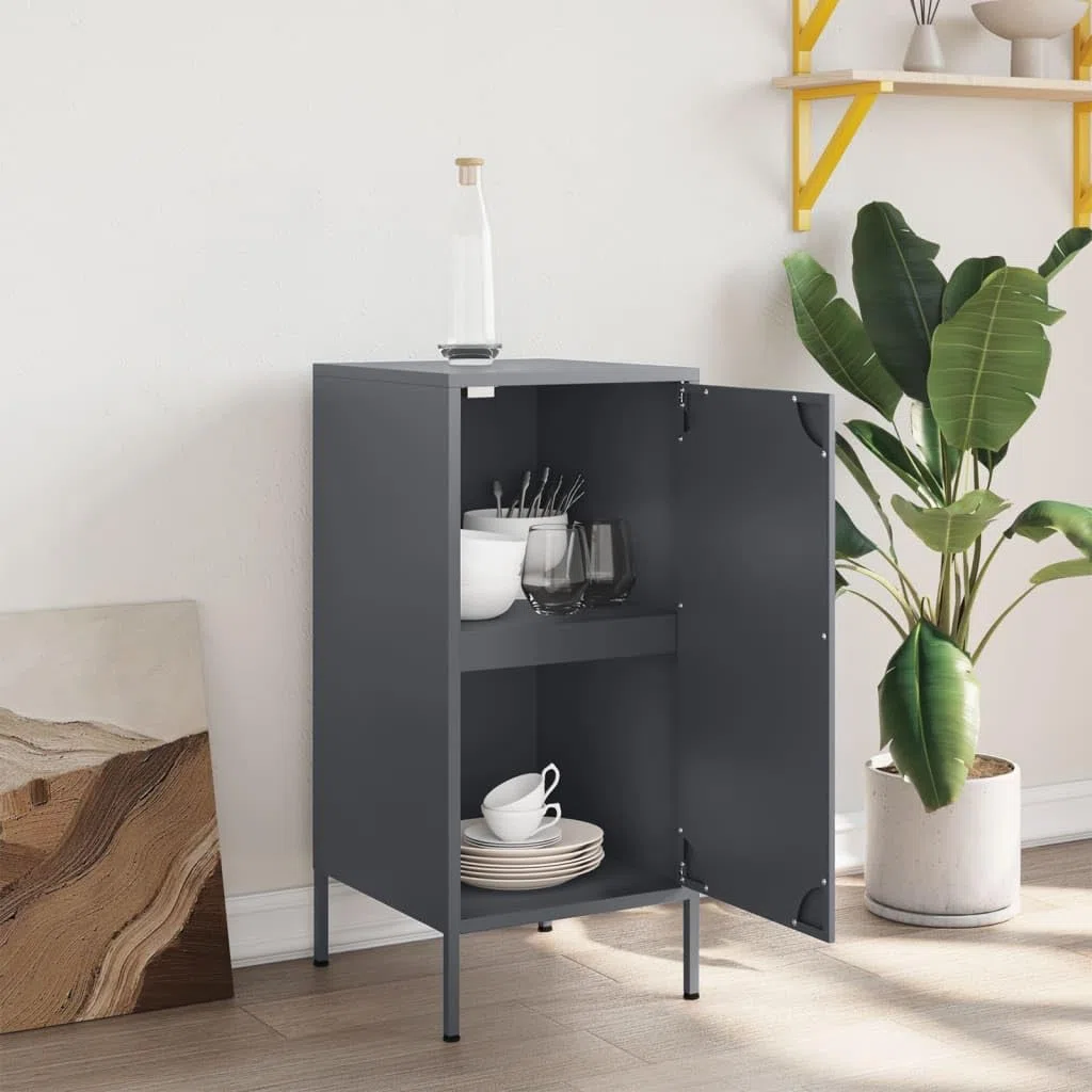 Buffet anthracite 36 x 39 x 79 cm, en acier laminé à froid, armoire avec porte, 2 compartiments, pieds réglables, organisateur robuste, pour chambre à coucher, salon